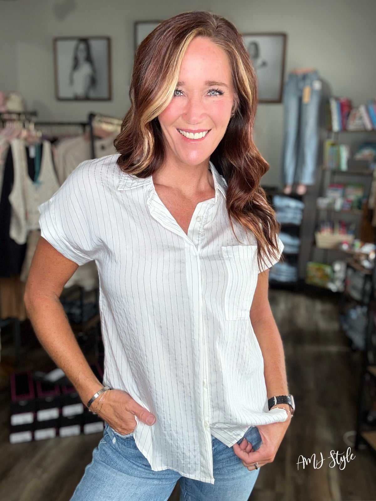 City Chic Pinstripe Short Sleeve Shirt