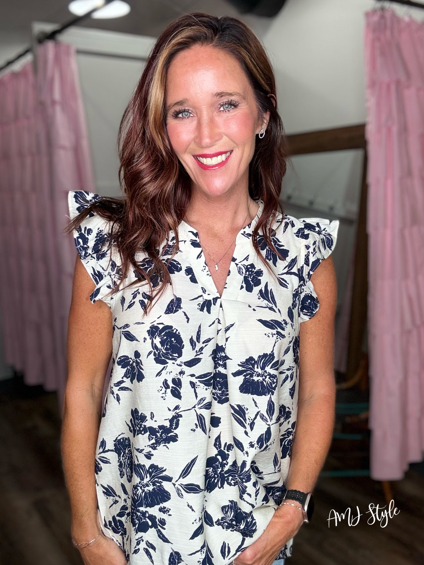 Navy Floral Ruffle Top