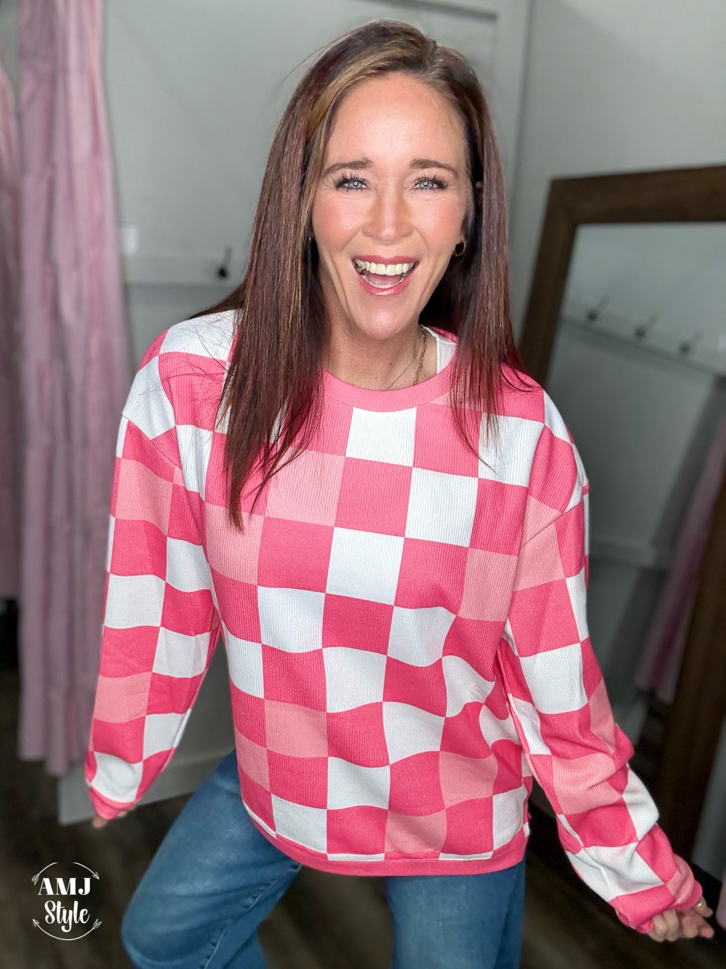 Pink Checkered Corded Crew