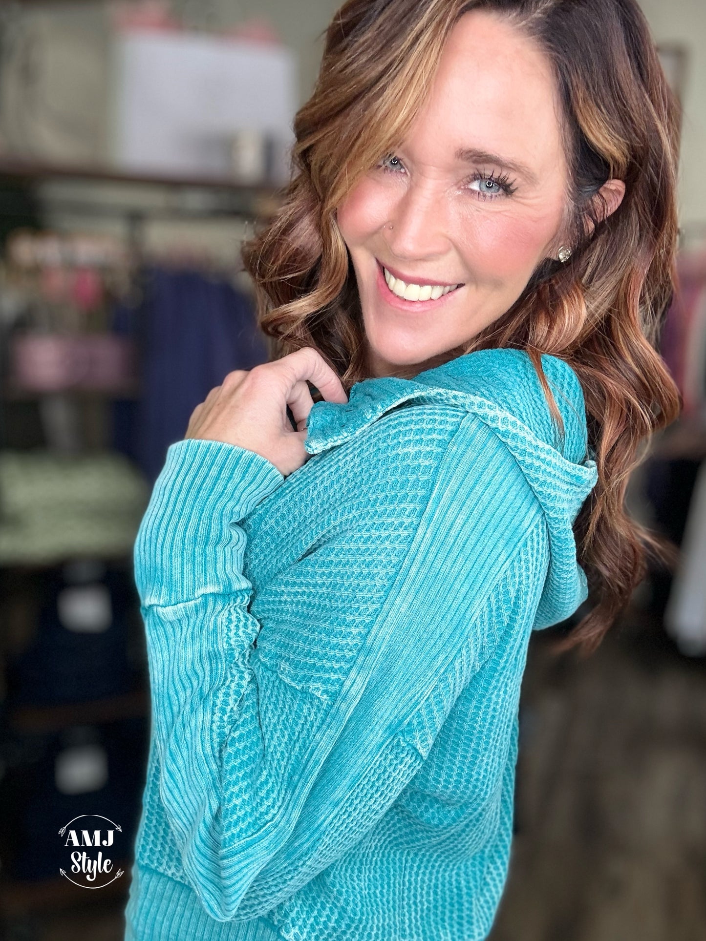 Wrenley Waffle Knit Hoodie - Teal
