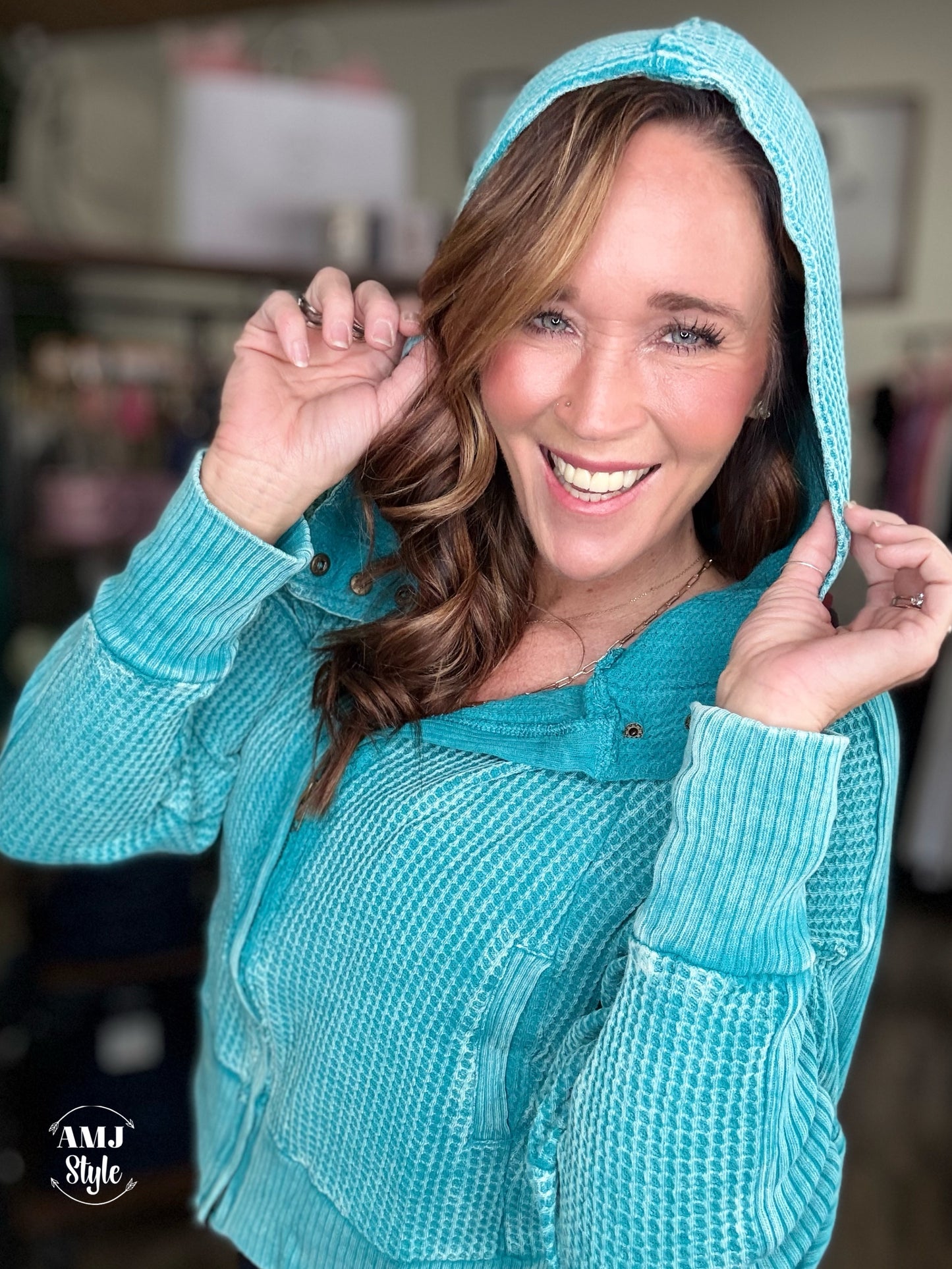 Wrenley Waffle Knit Hoodie - Teal