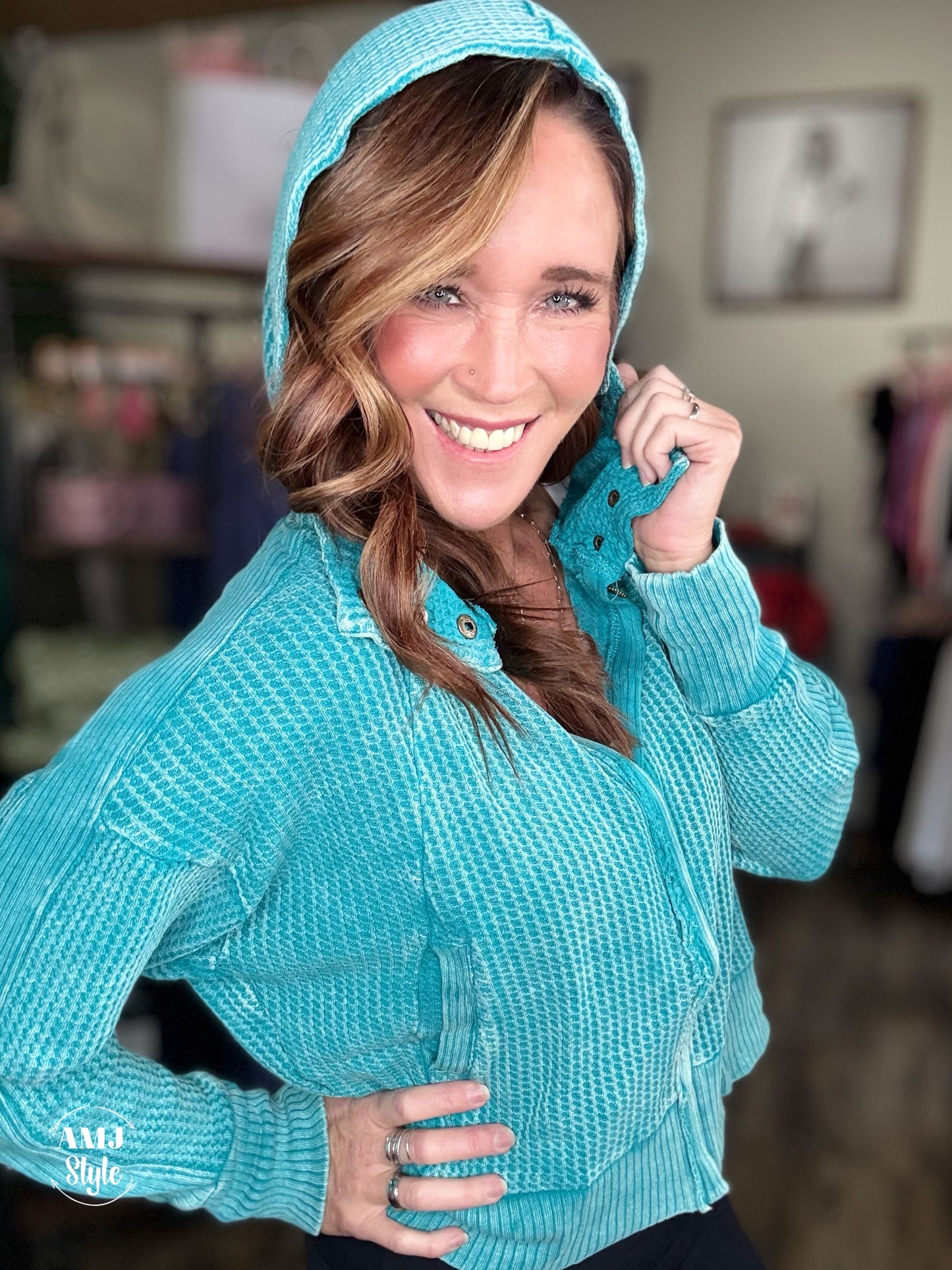 Wrenley Waffle Knit Hoodie - Teal