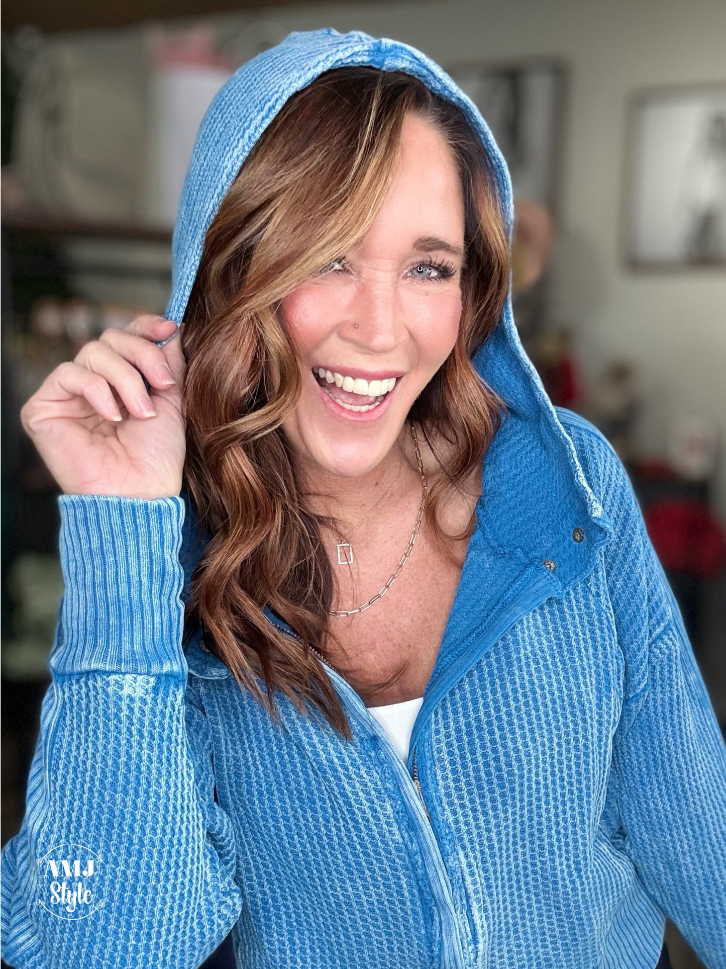 Wrenley Waffle Knit Hoodie - Ocean Blue