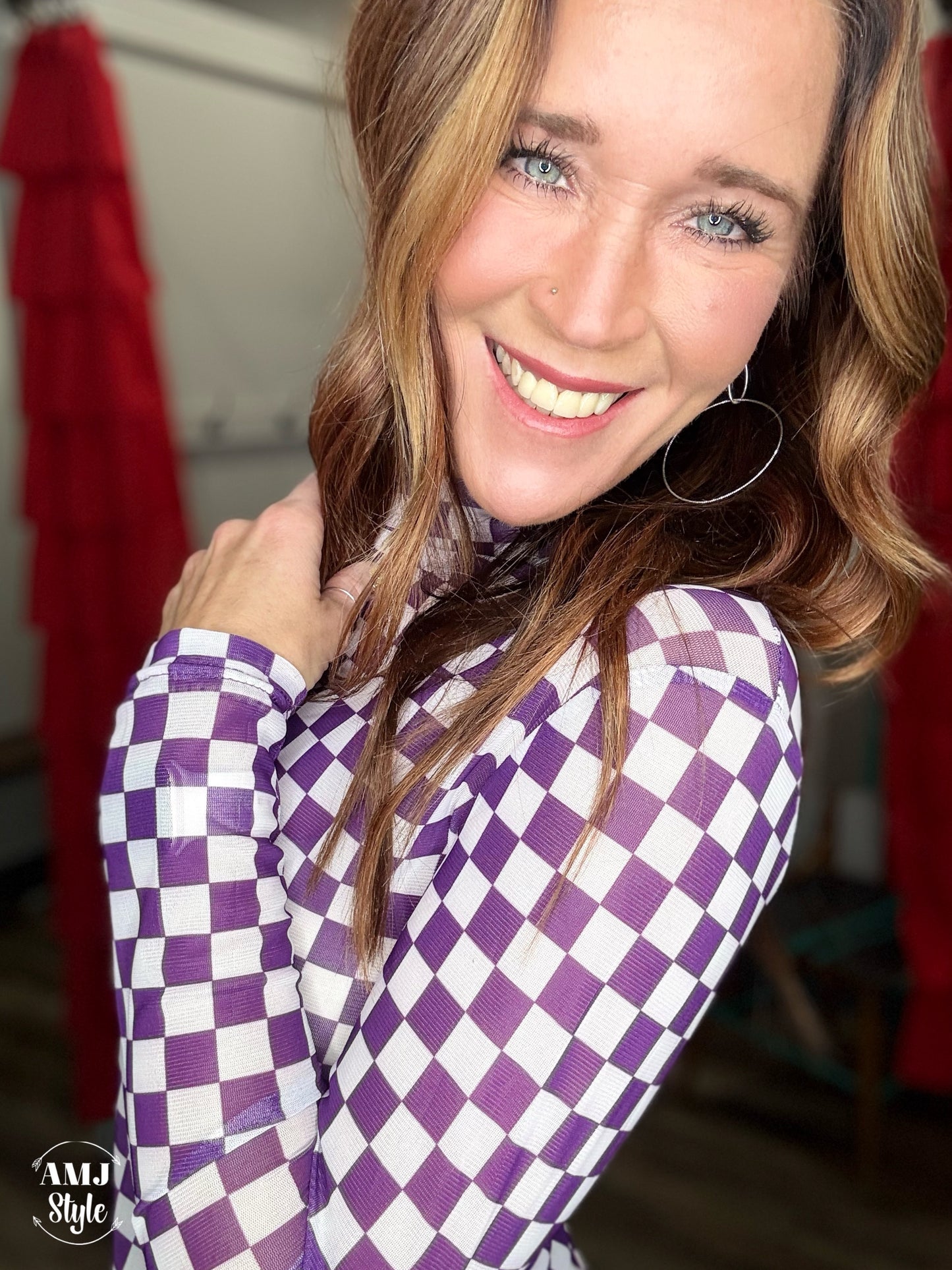 Purple Check Mesh Top