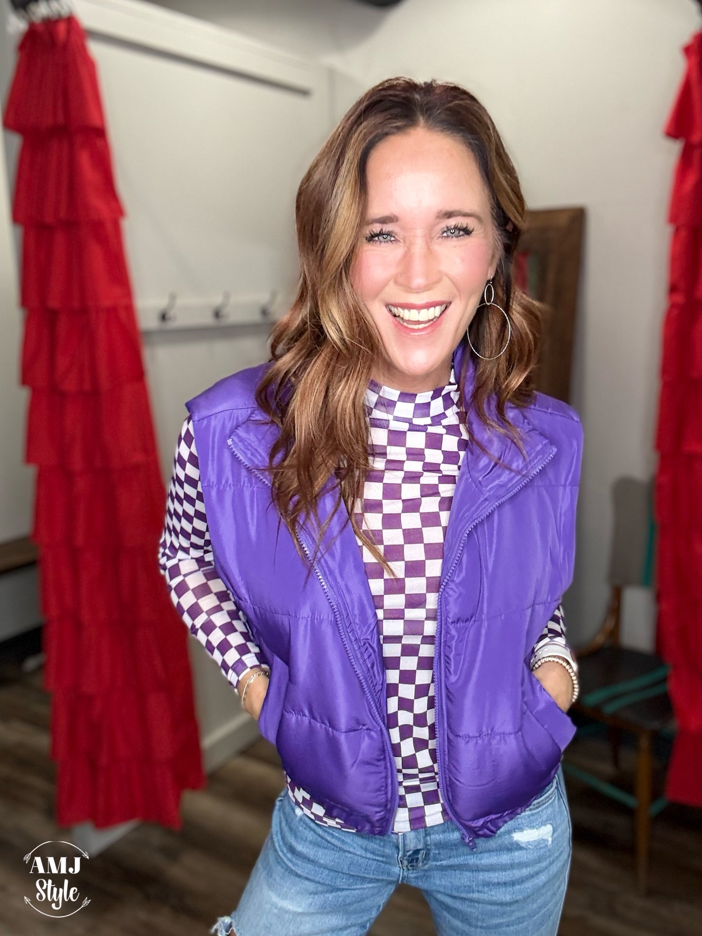 Purple Check Mesh Top