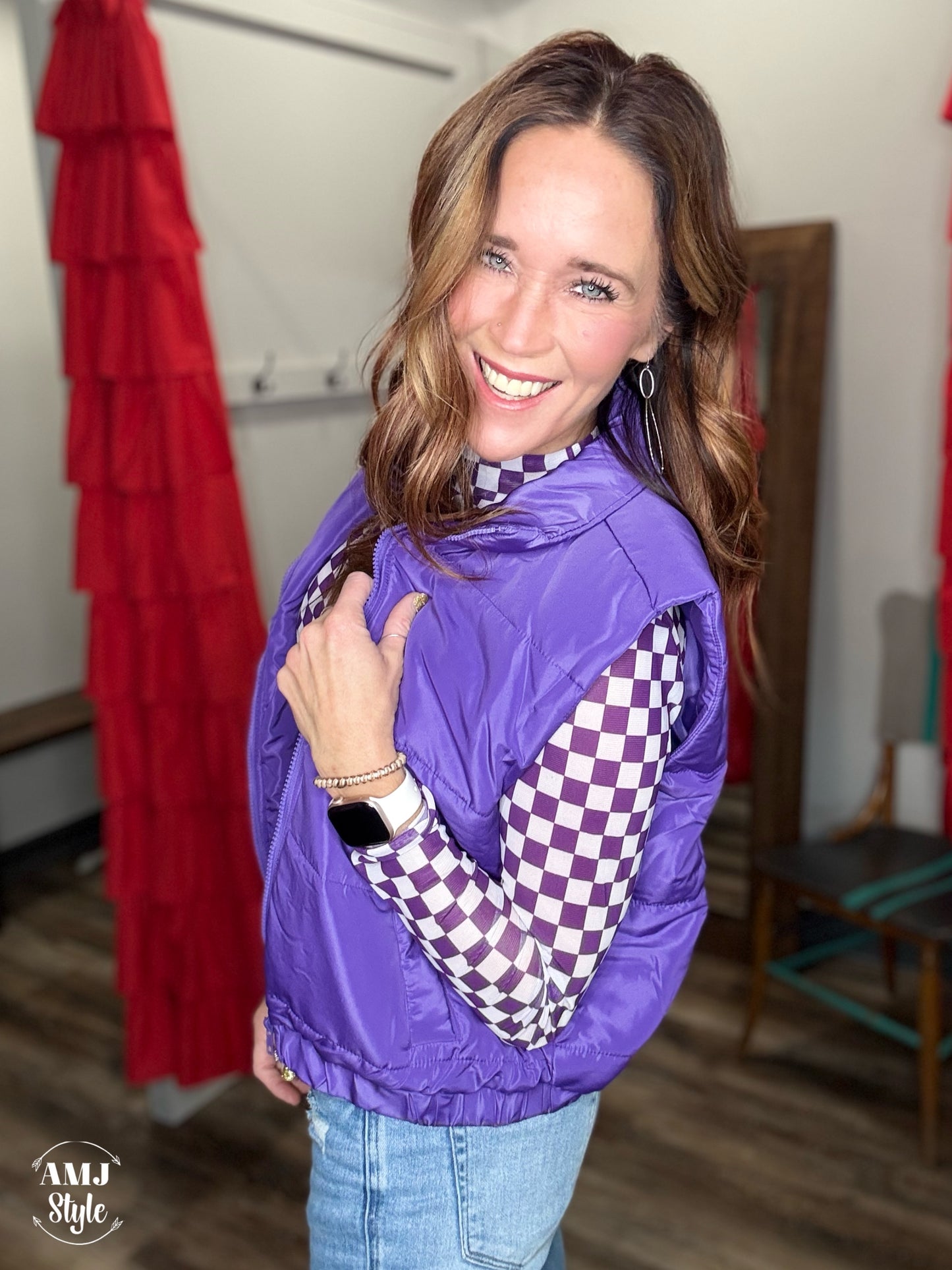 Purple Check Mesh Top