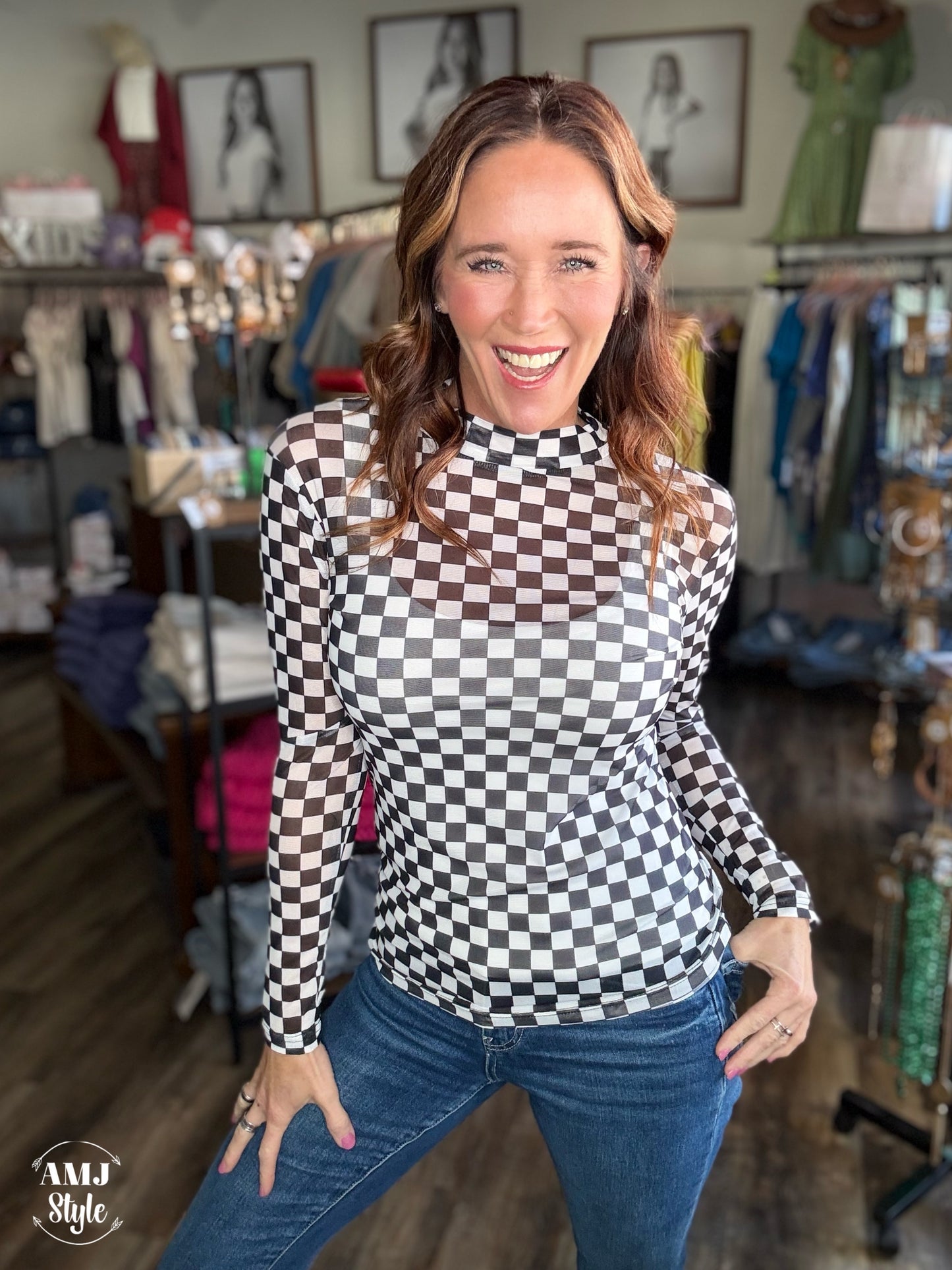 Black Check Mesh Top