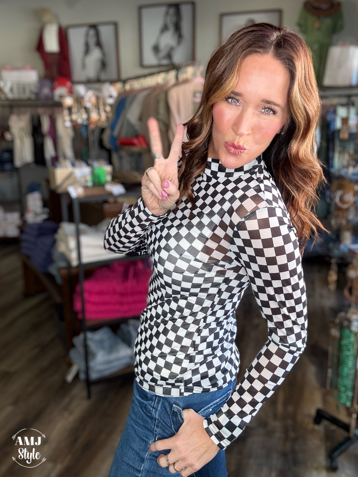 Black Check Mesh Top