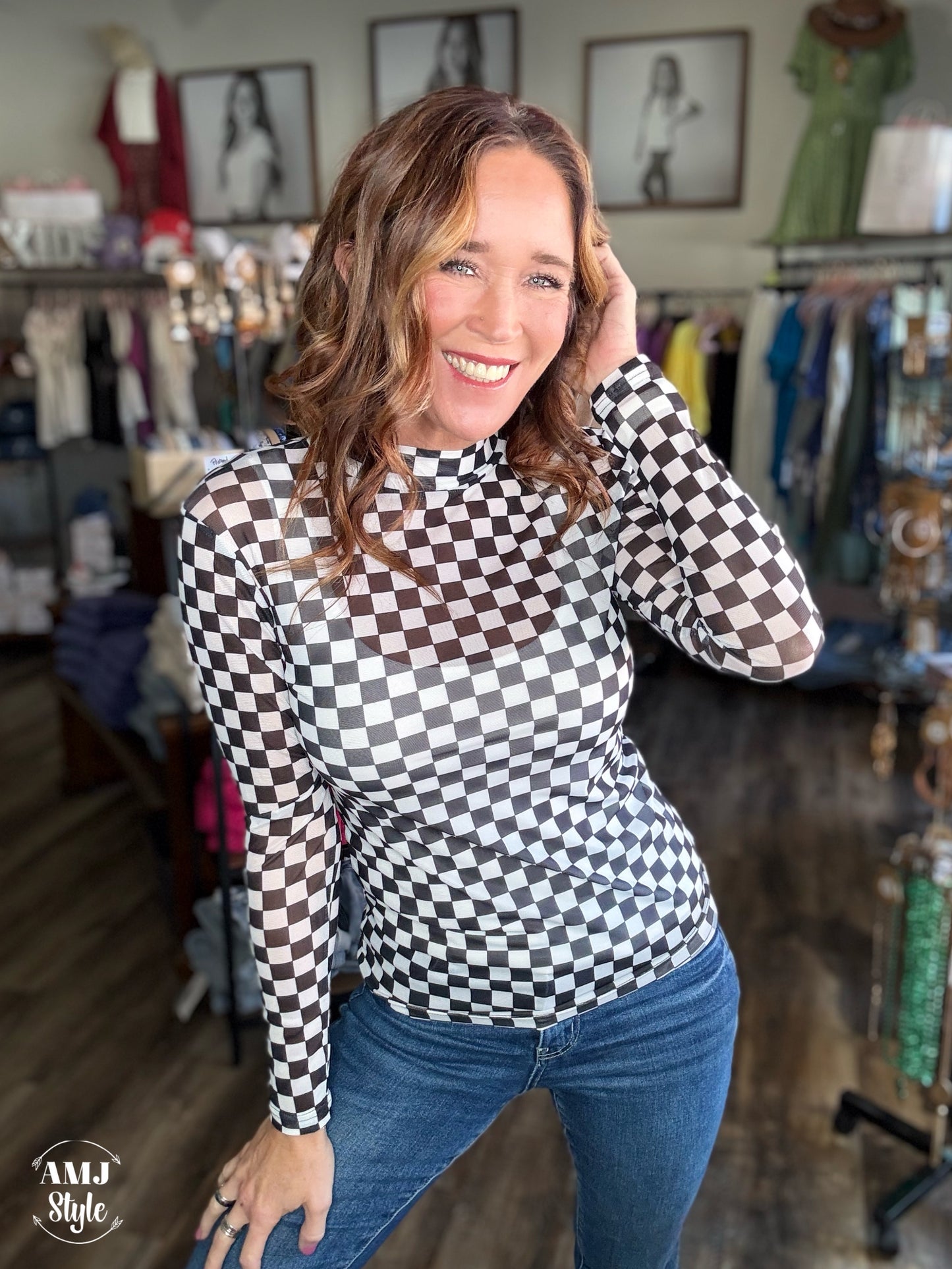 Black Check Mesh Top
