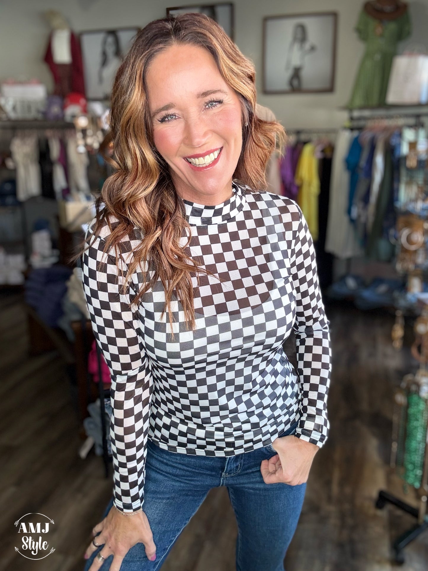 Black Check Mesh Top