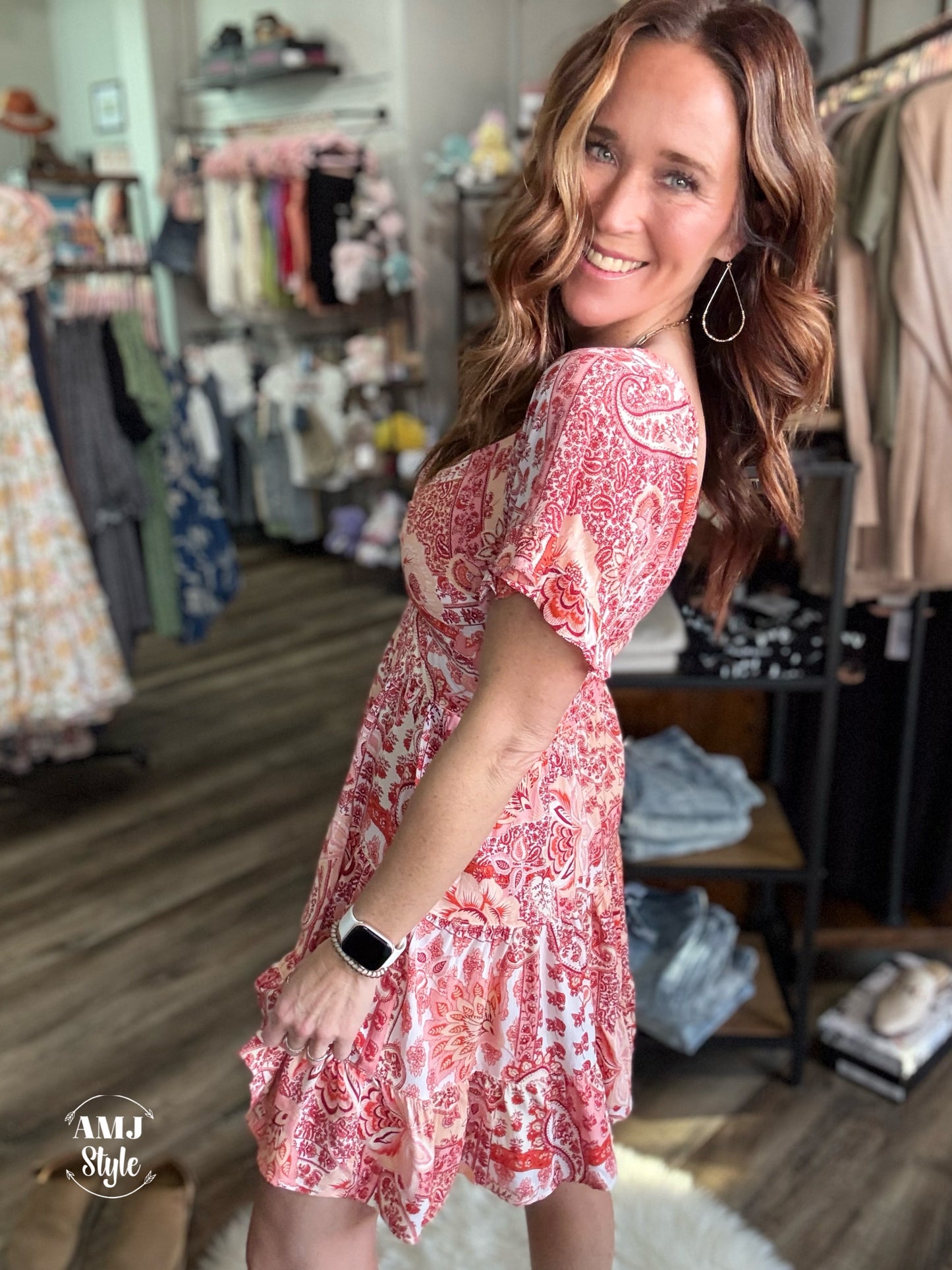 Coral Boho Linen Dress