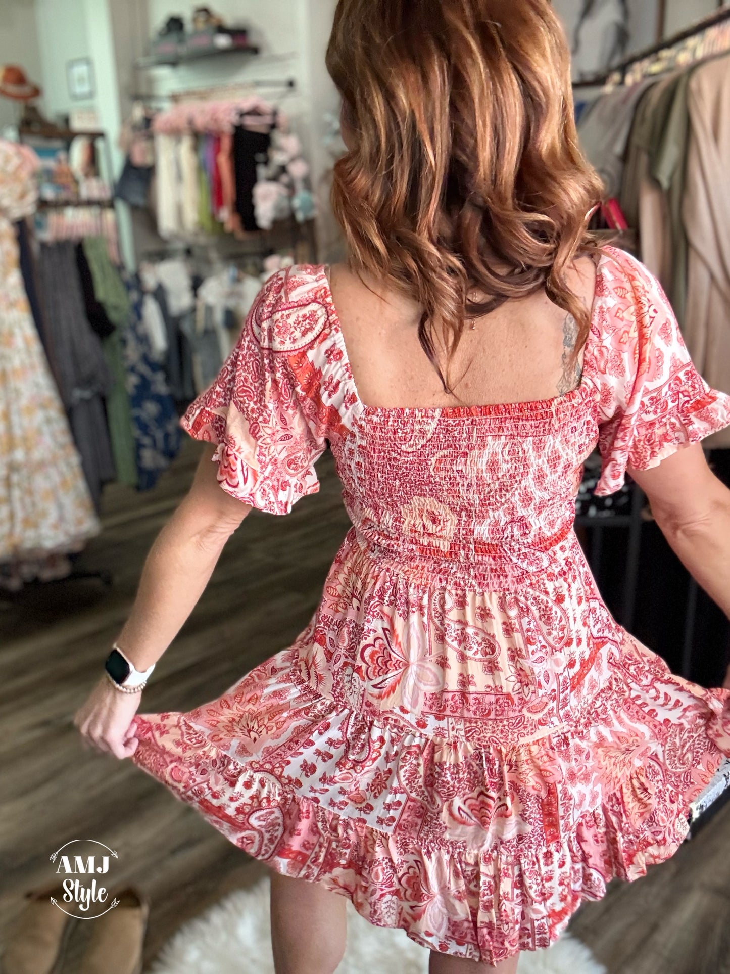 Coral Boho Linen Dress