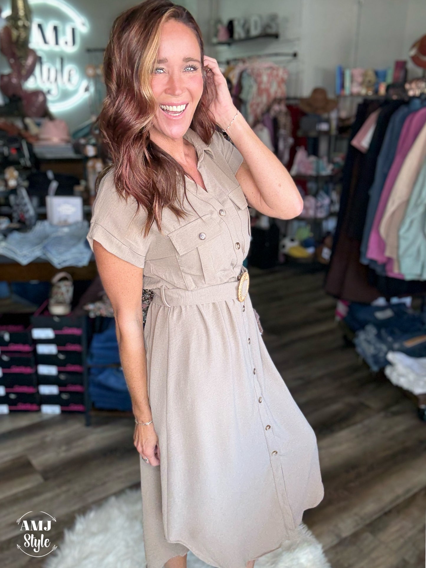 Classic Khaki Midi Dress