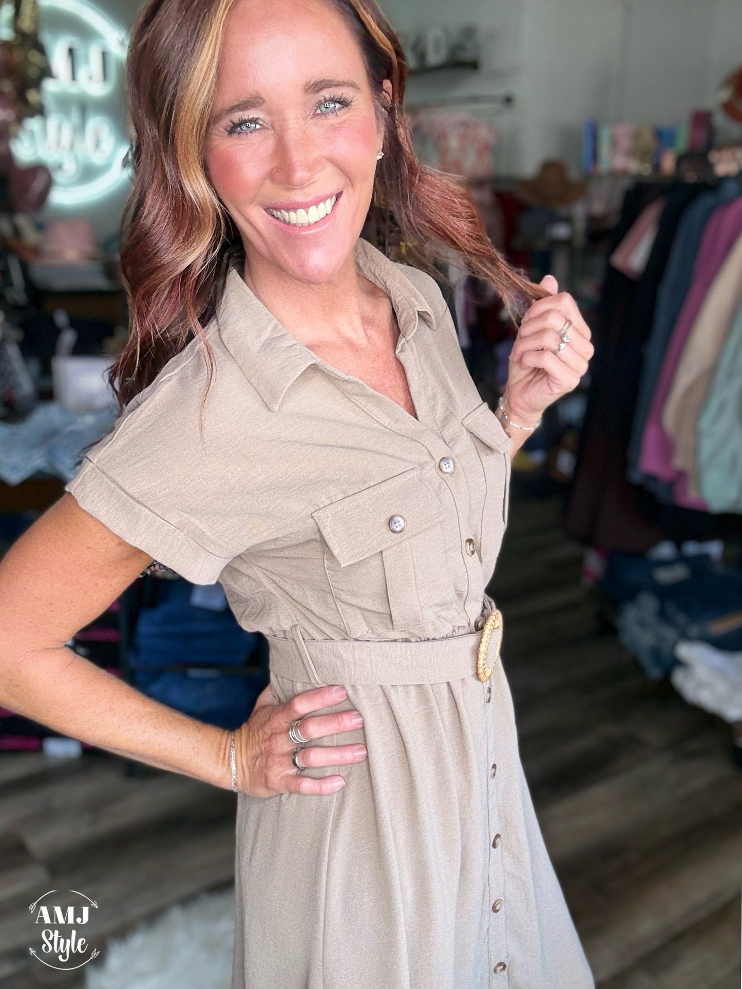Classic Khaki Midi Dress
