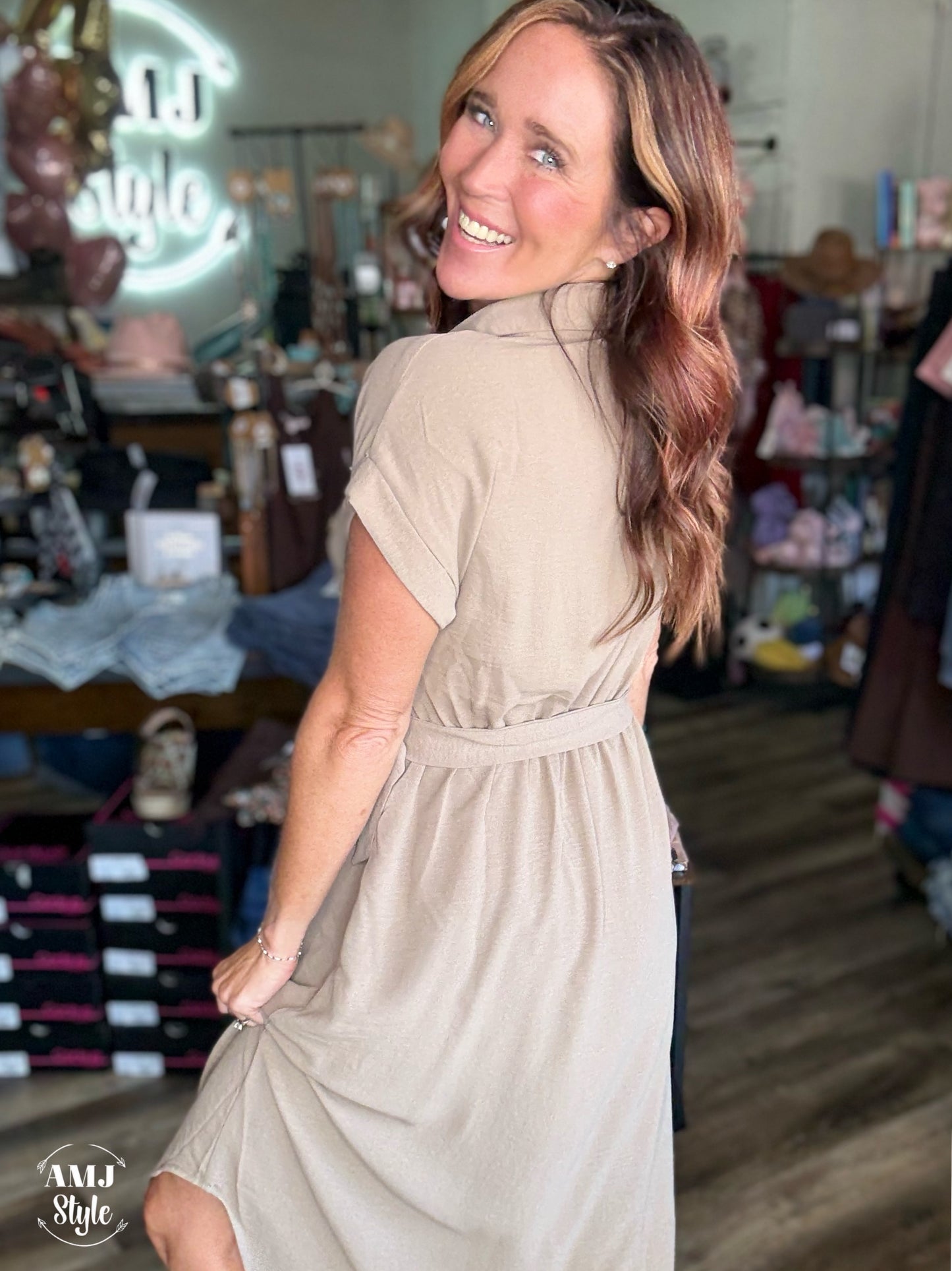 Classic Khaki Midi Dress