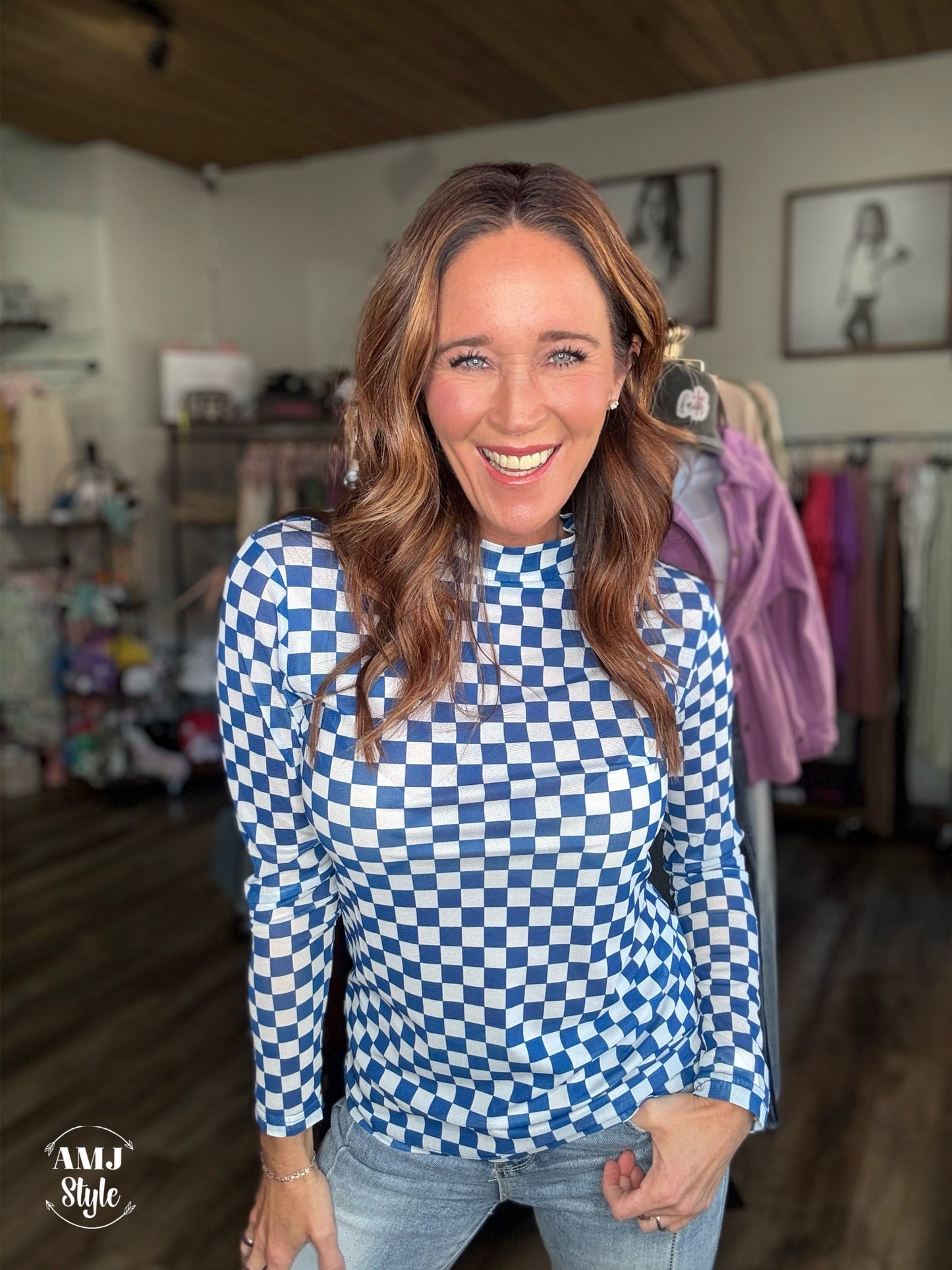 Royal Blue Check Mesh Top