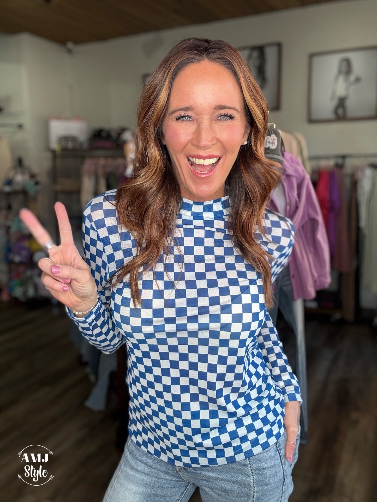 Royal Blue Check Mesh Top