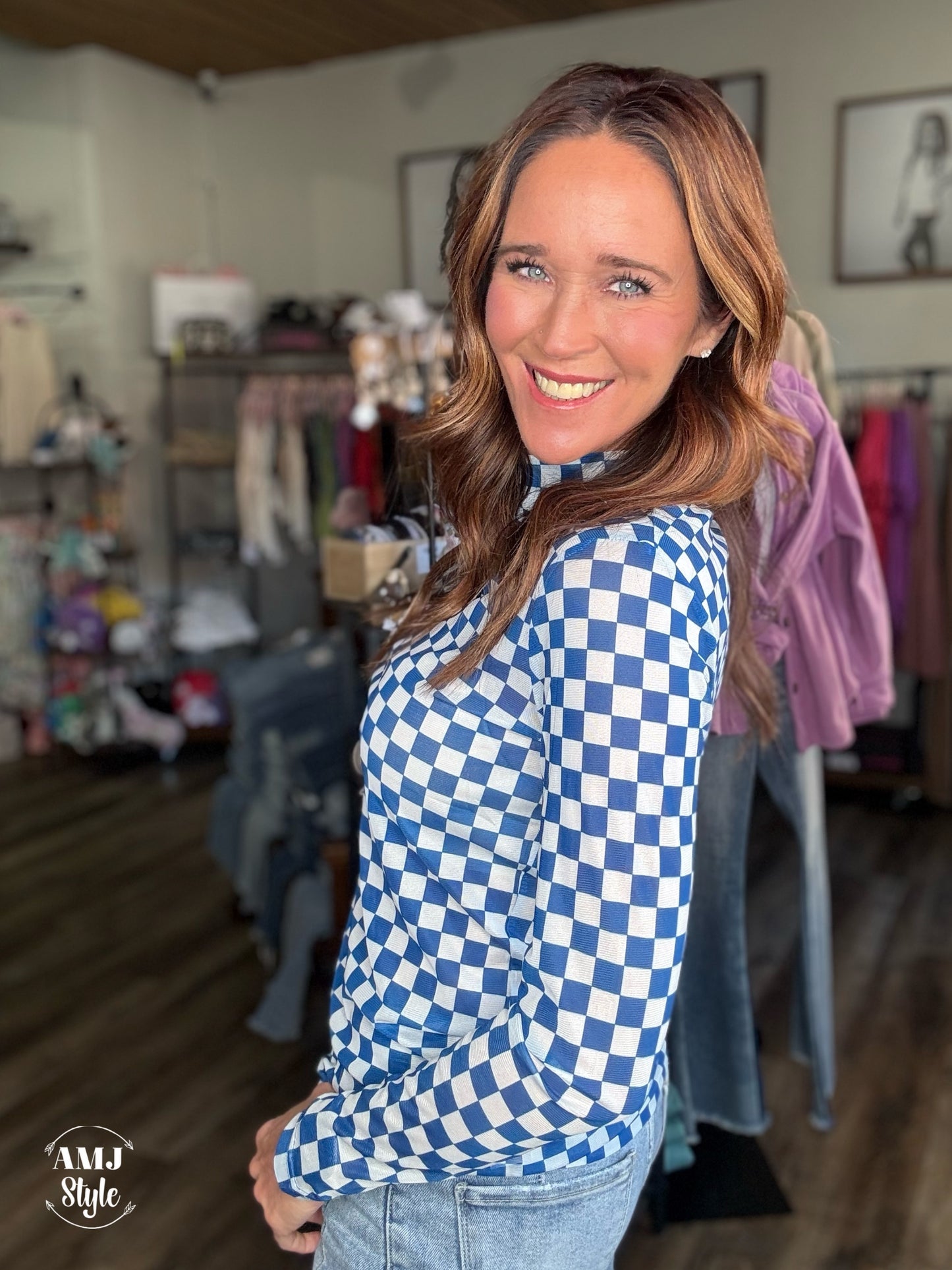 Royal Blue Check Mesh Top