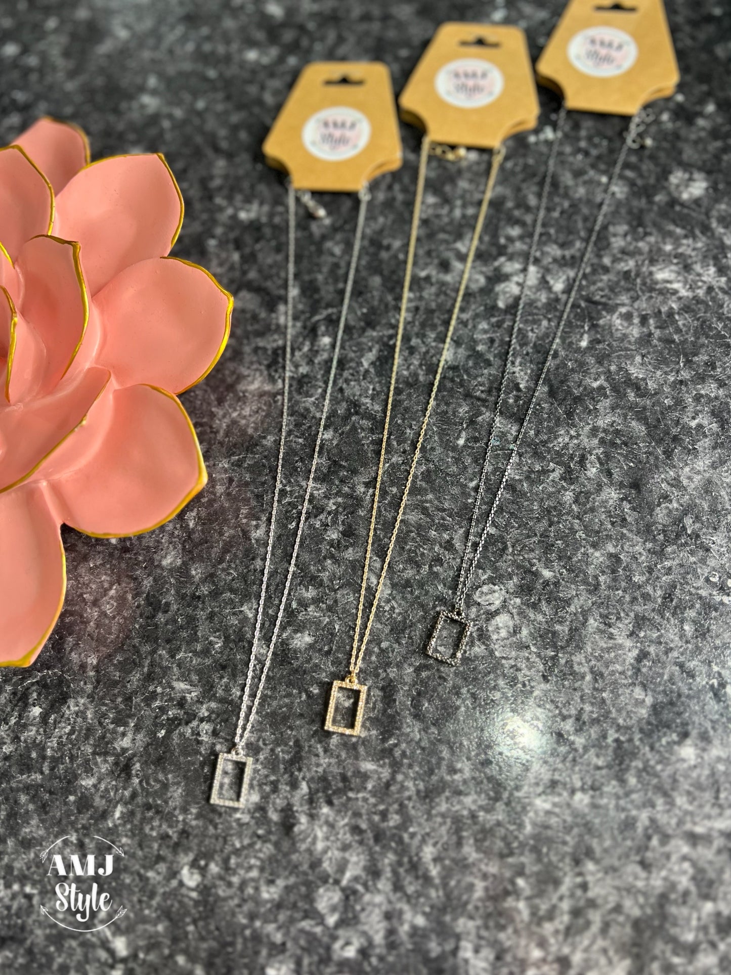 Brass Stone Glass Square Necklace
