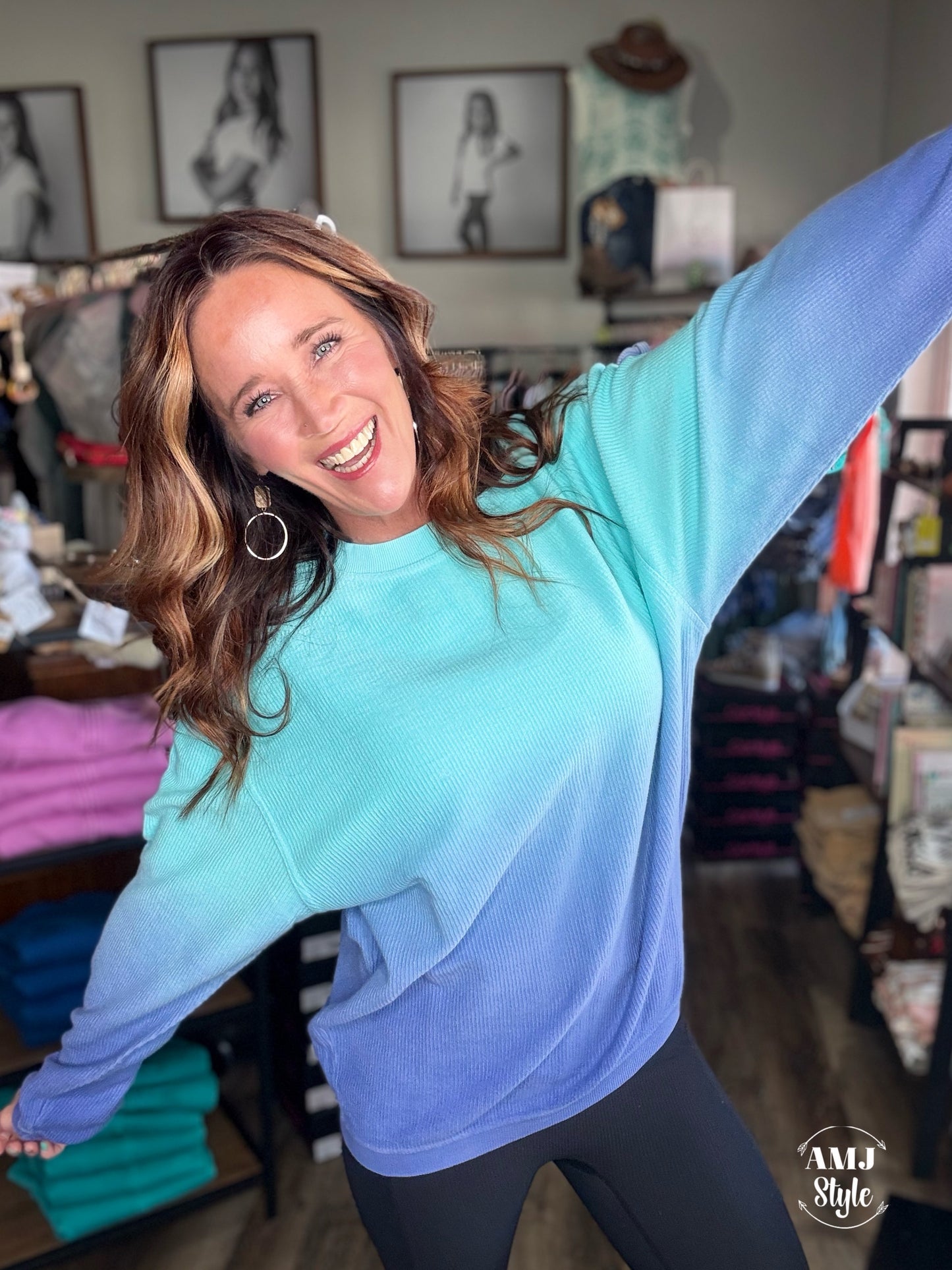 Dip Dyed Luxe Corded Crew Sweatshirt - Teal/Blue
