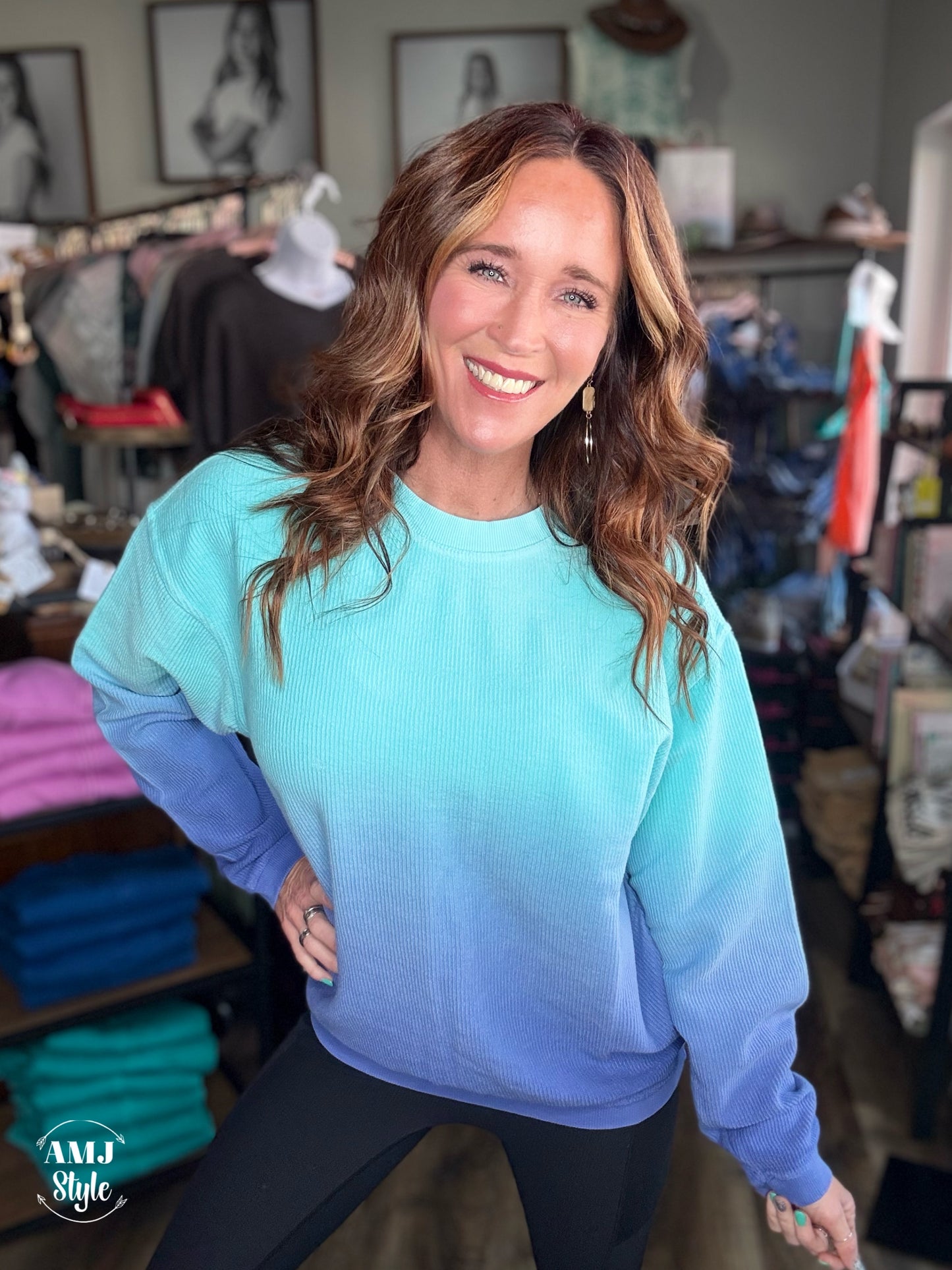 Dip Dyed Luxe Corded Crew Sweatshirt - Teal/Blue