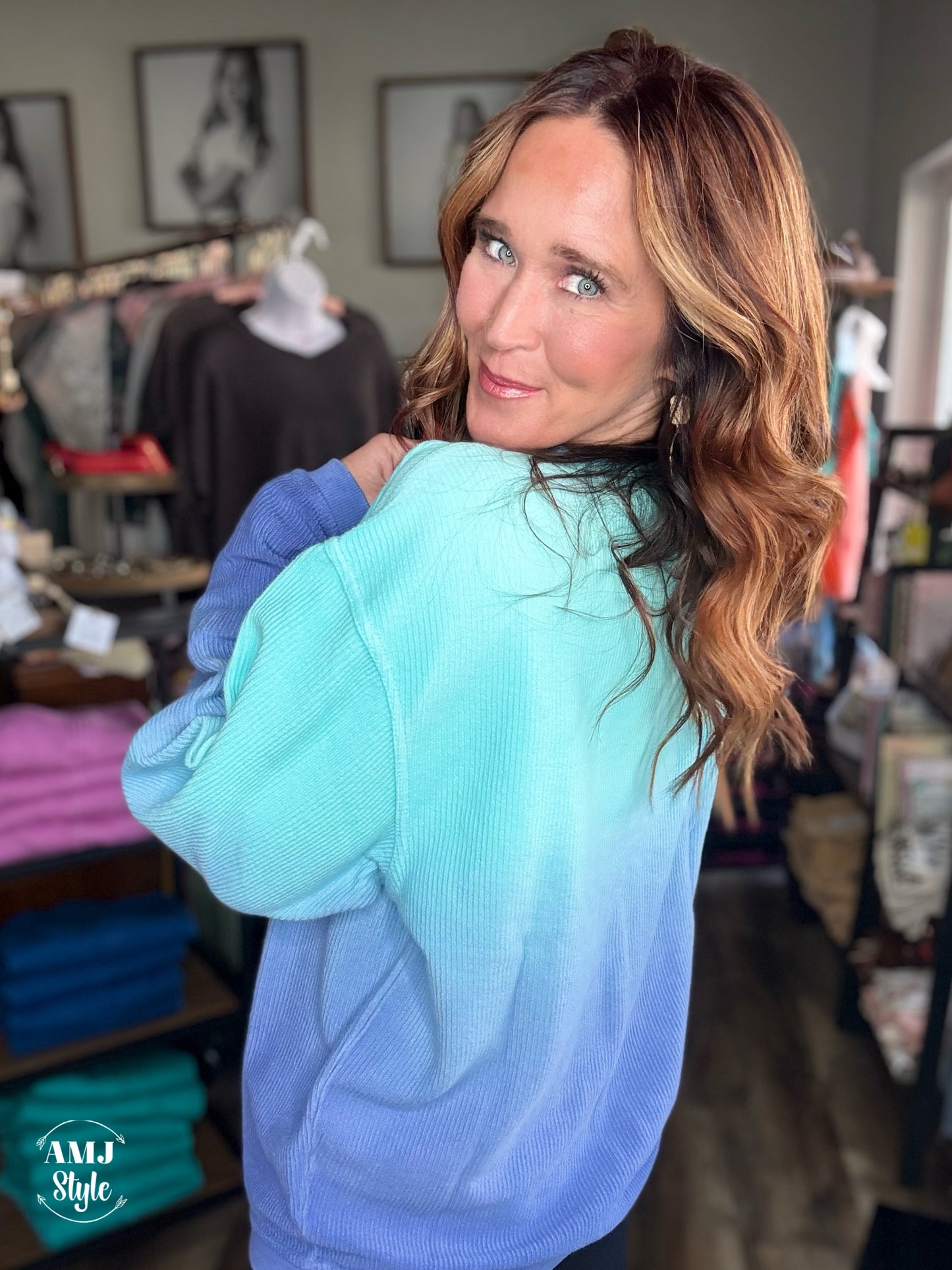 Dip Dyed Luxe Corded Crew Sweatshirt - Teal/Blue