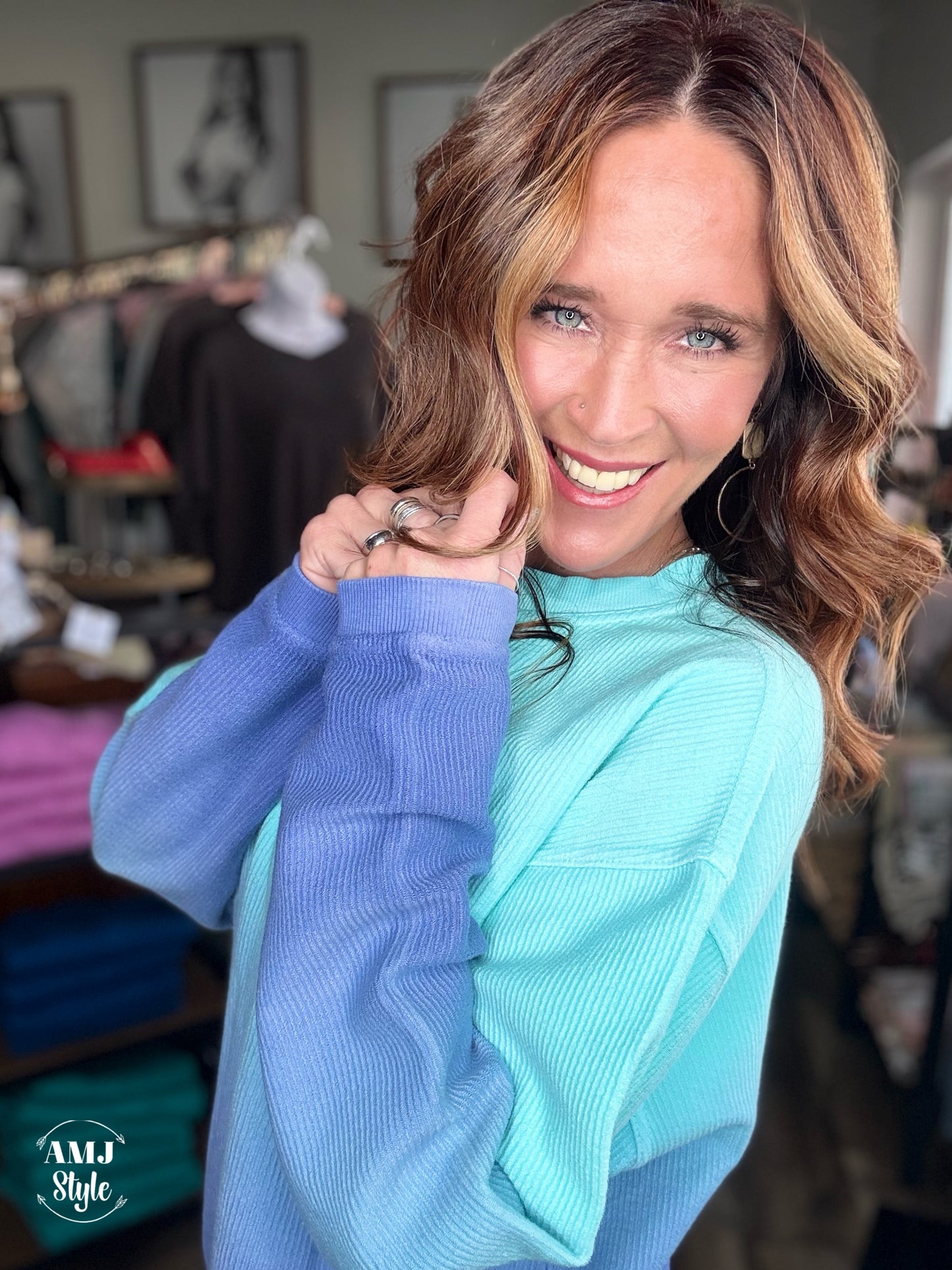 Dip Dyed Luxe Corded Crew Sweatshirt - Teal/Blue