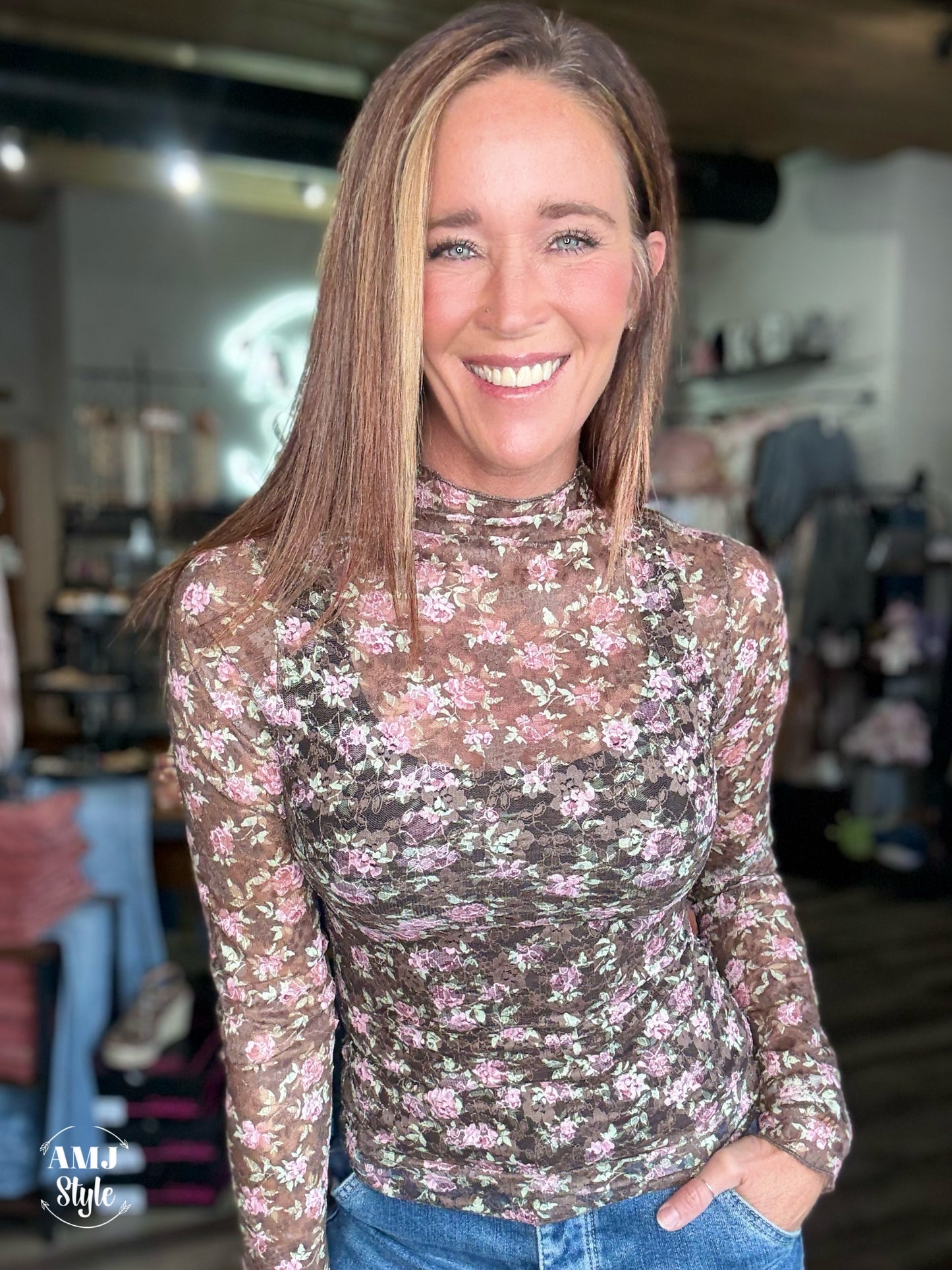 Whispering Blooms Top - Brown Floral