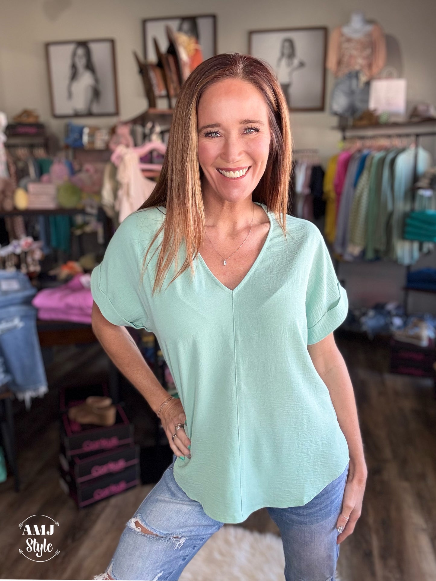 Vibrant V Crinkle Top - Mint