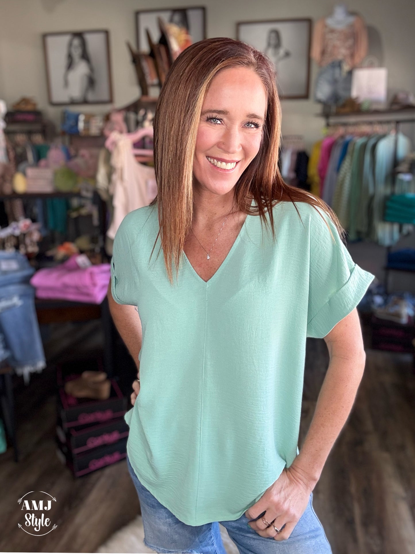 Vibrant V Crinkle Top - Mint
