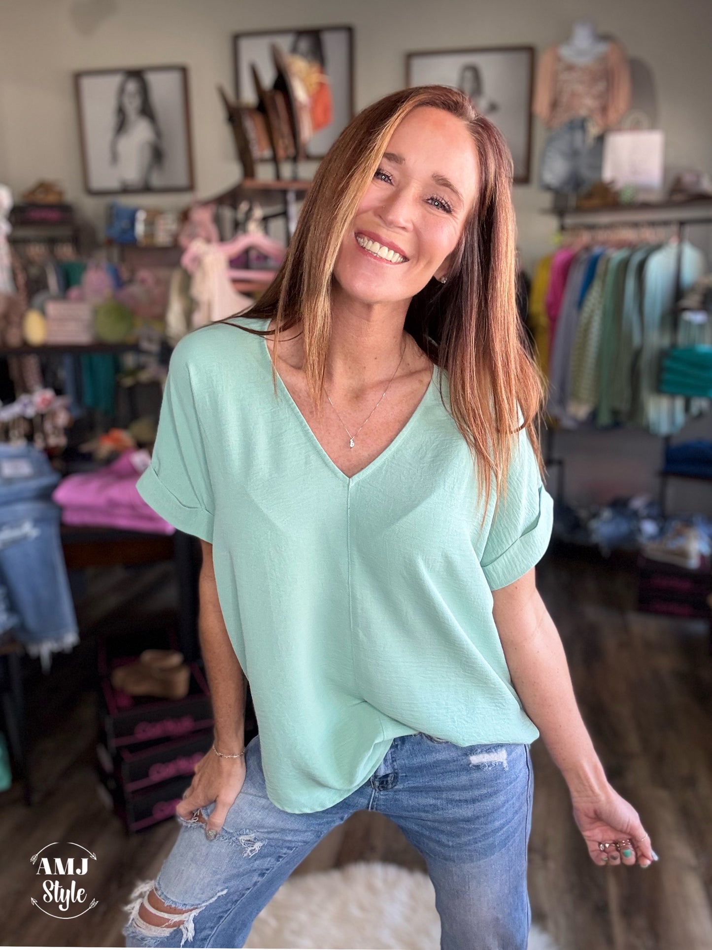 Vibrant V Crinkle Top - Mint