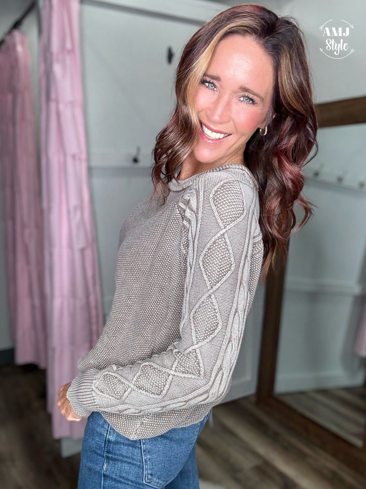 Stone Wash Cable Sweater - Mocha