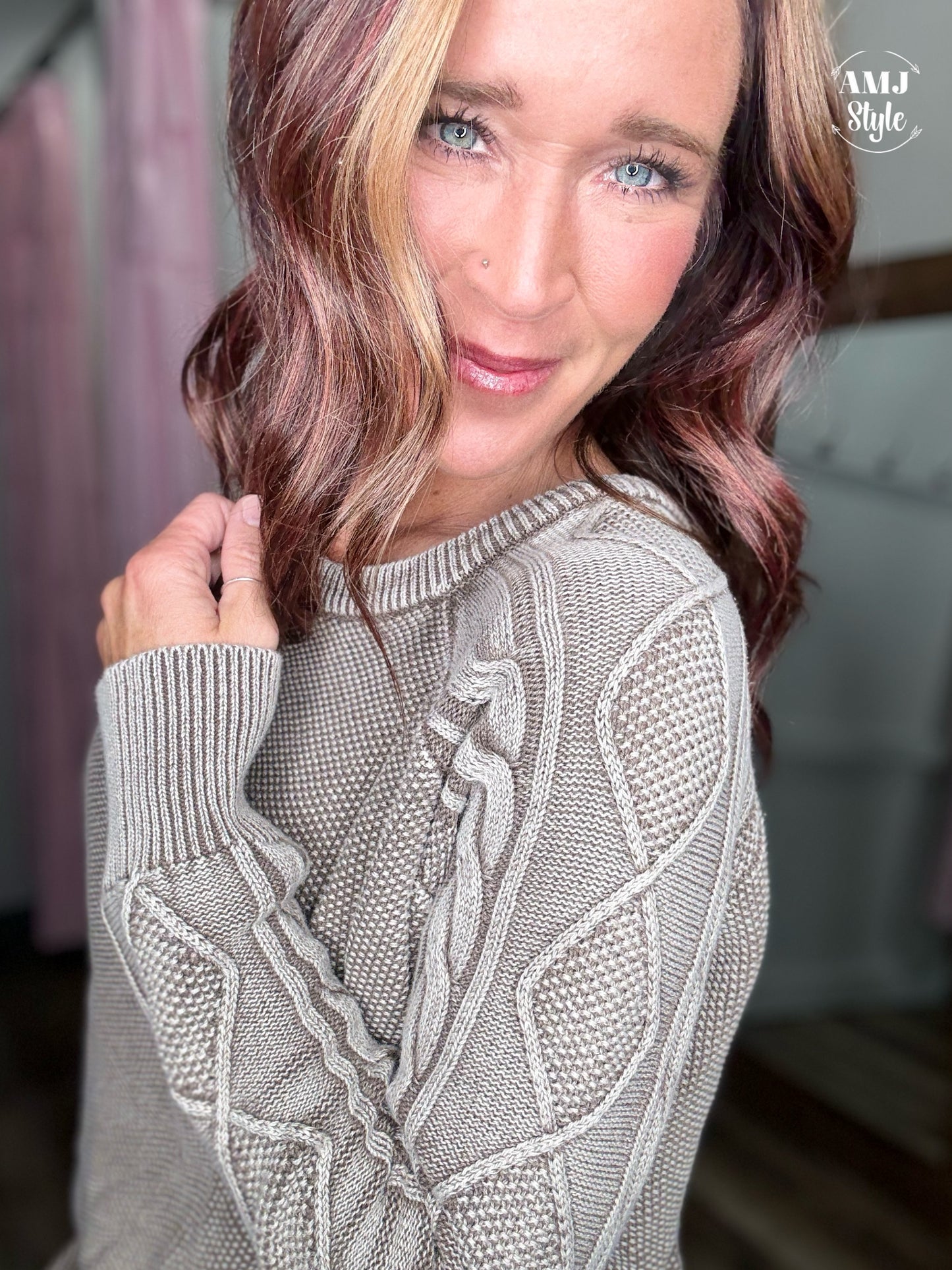Stone Wash Cable Sweater - Mocha