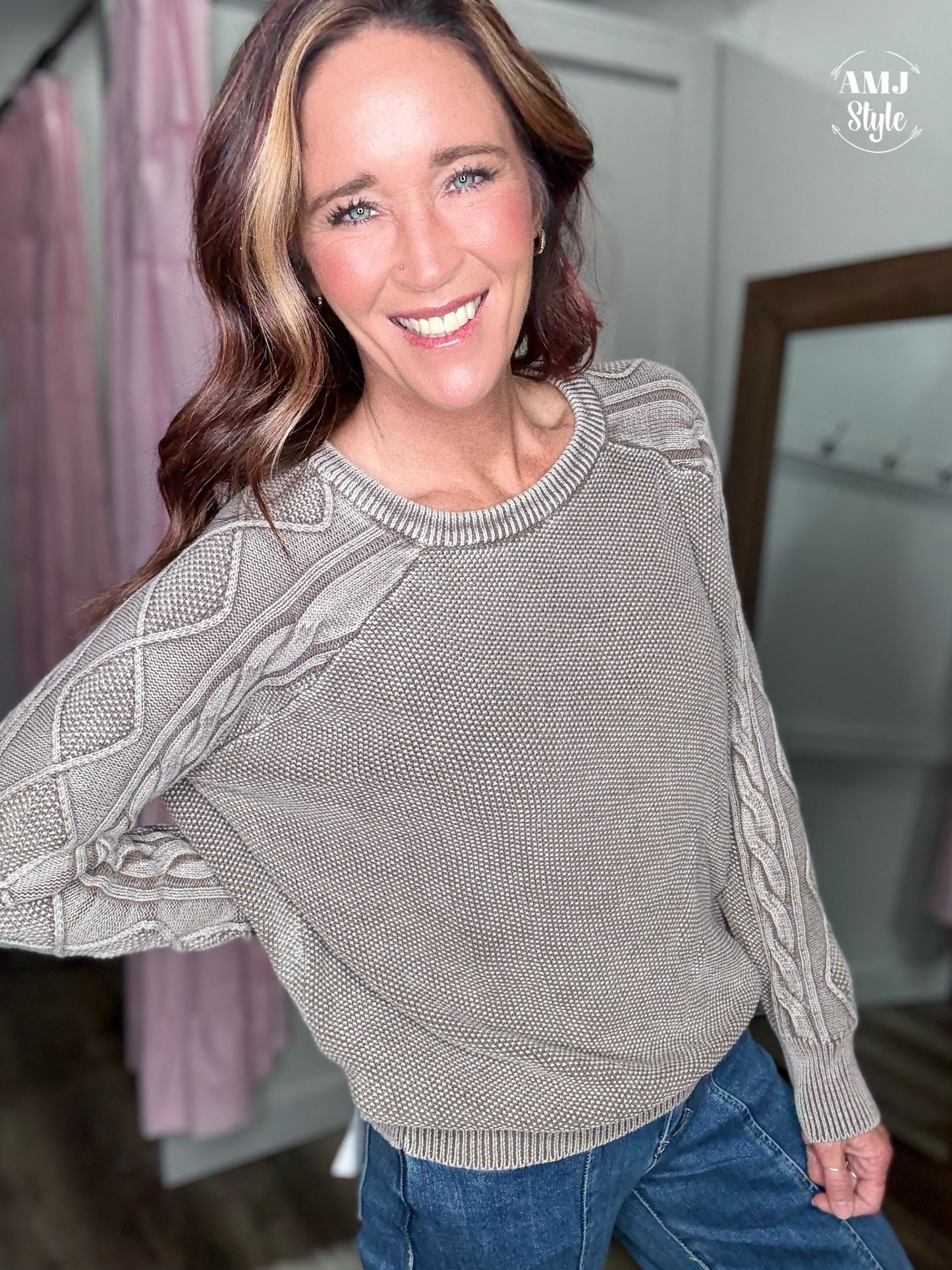 Stone Wash Cable Sweater - Mocha