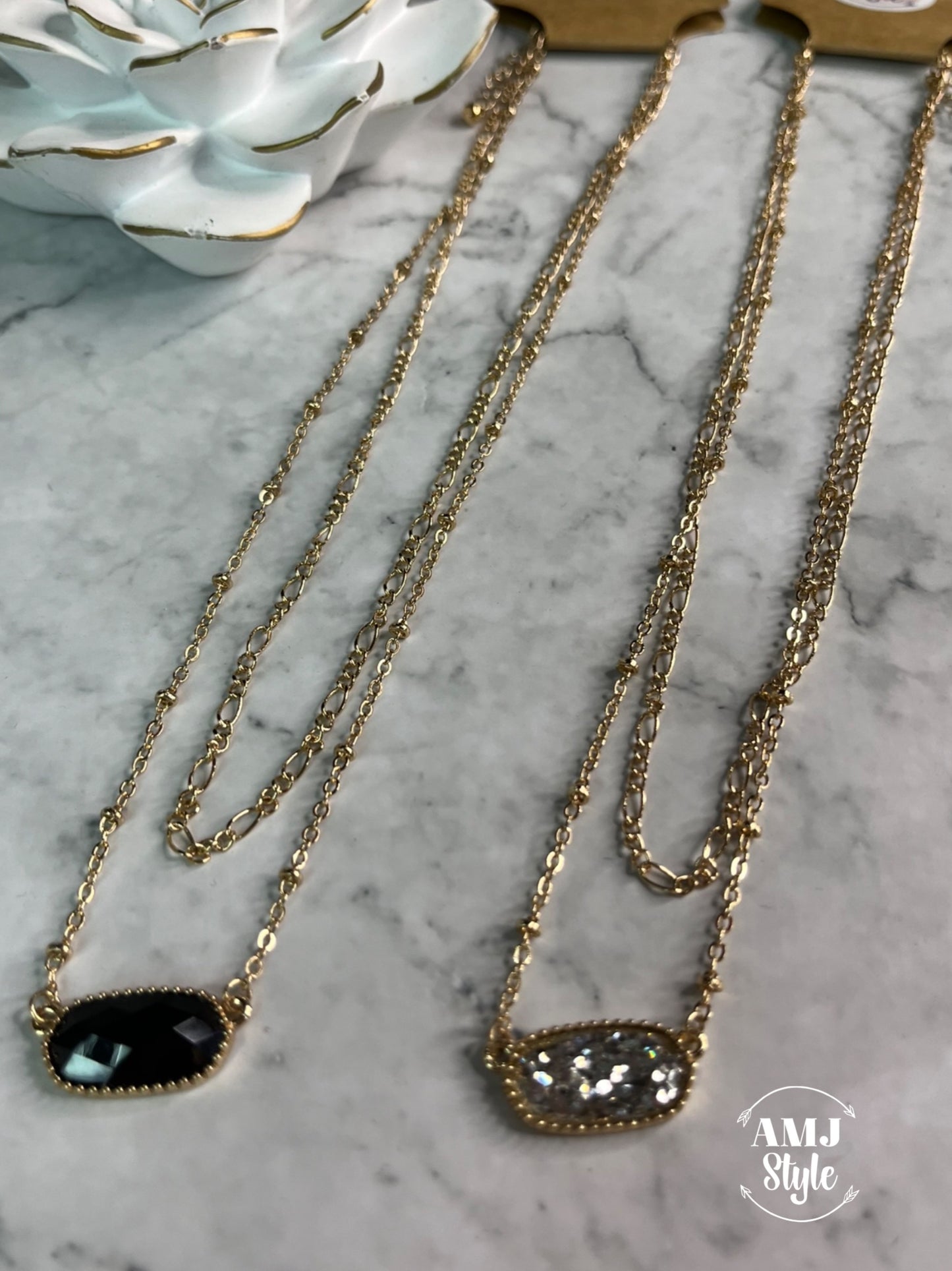 Glitter Faux Stone Double Strand Necklace