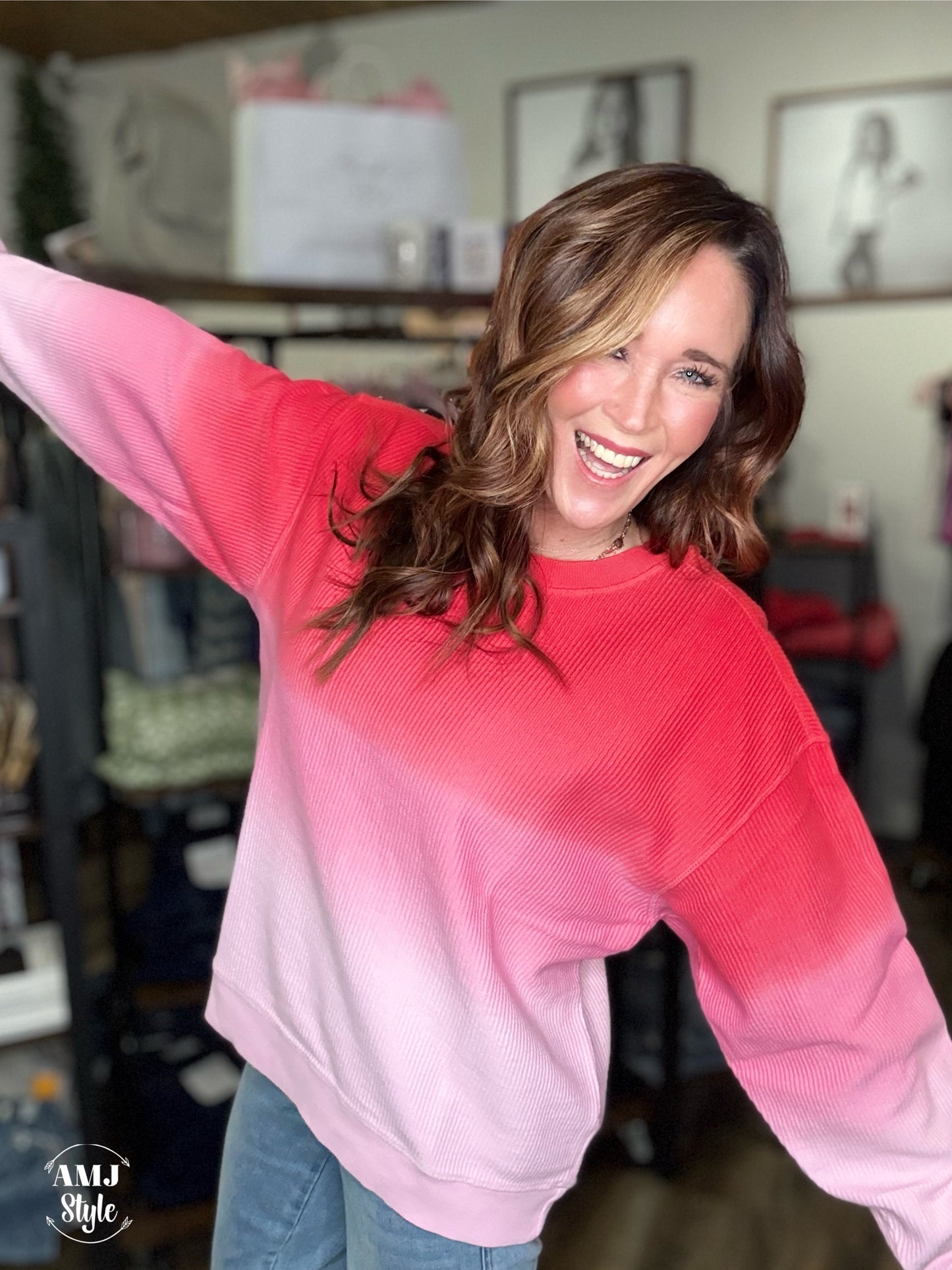 Luxe Ombre Corded Crew Sweatshirt - Red/Pink