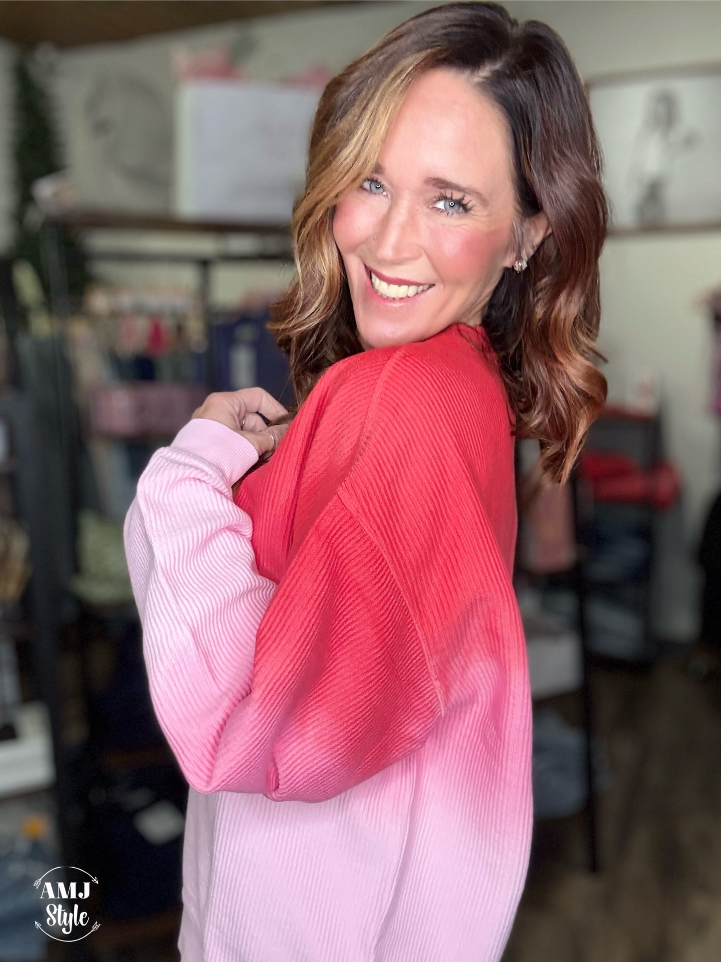 Luxe Ombre Corded Crew Sweatshirt - Red/Pink