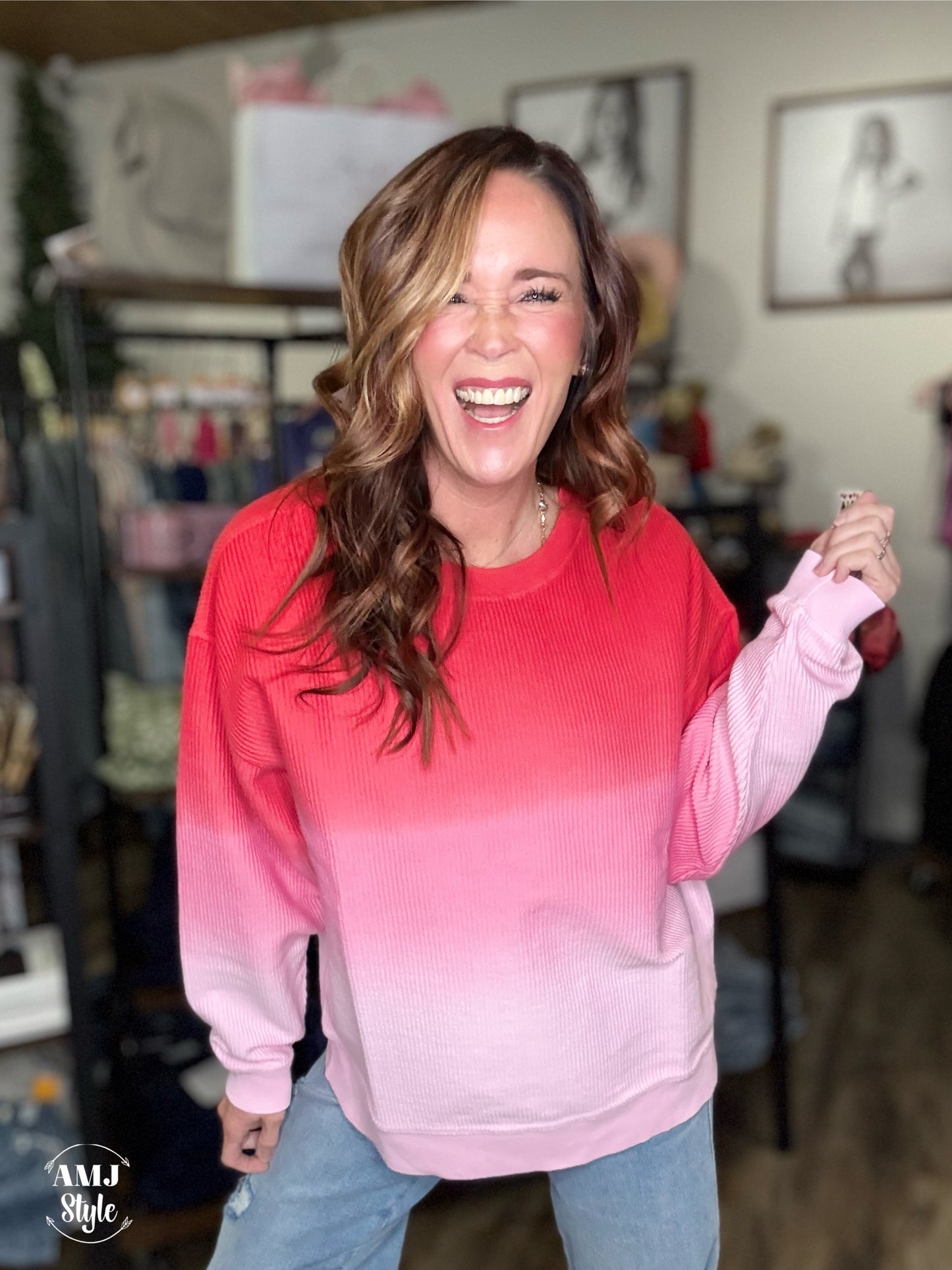 Luxe Ombre Corded Crew Sweatshirt - Red/Pink