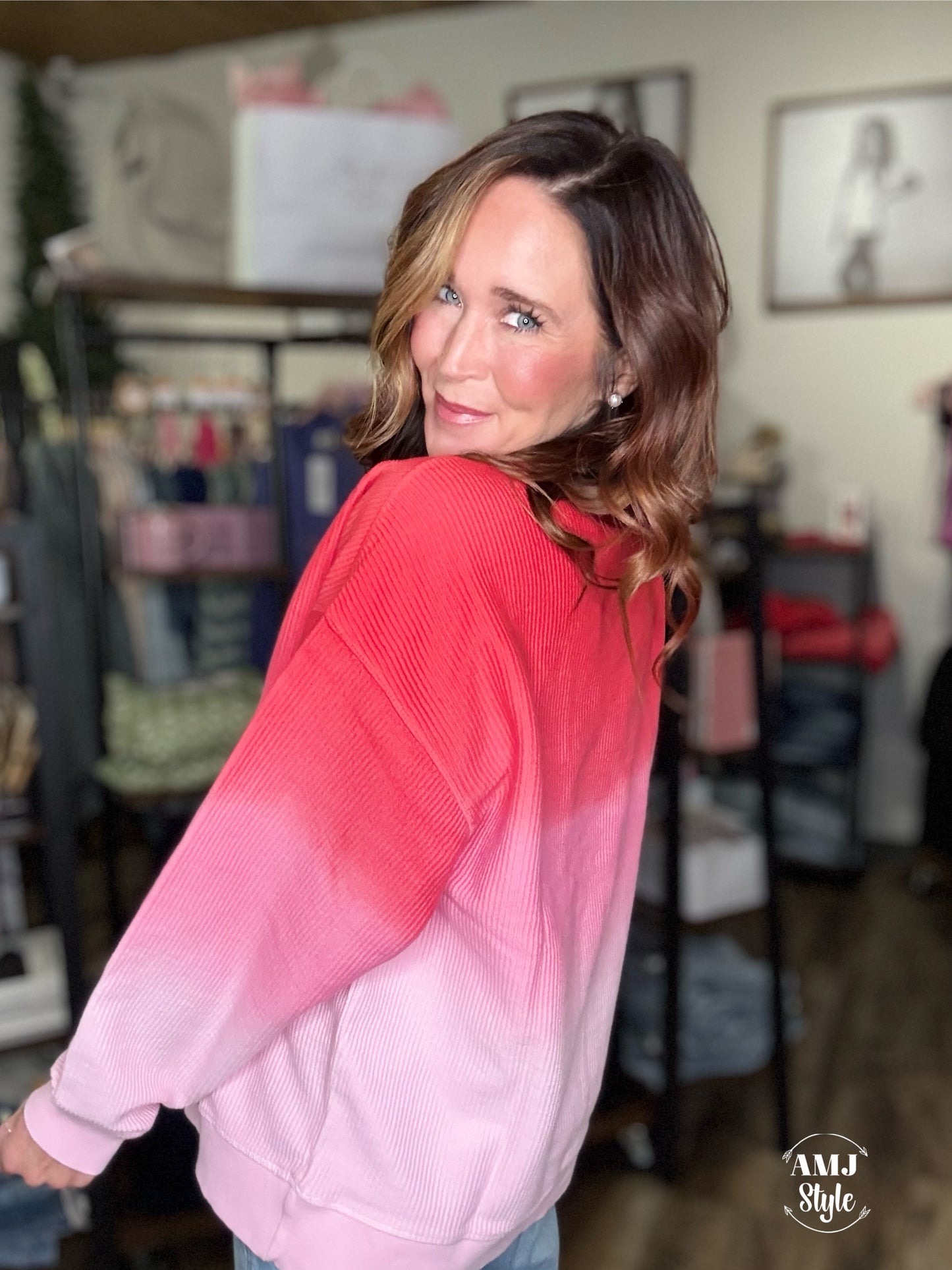 Luxe Ombre Corded Crew Sweatshirt - Red/Pink