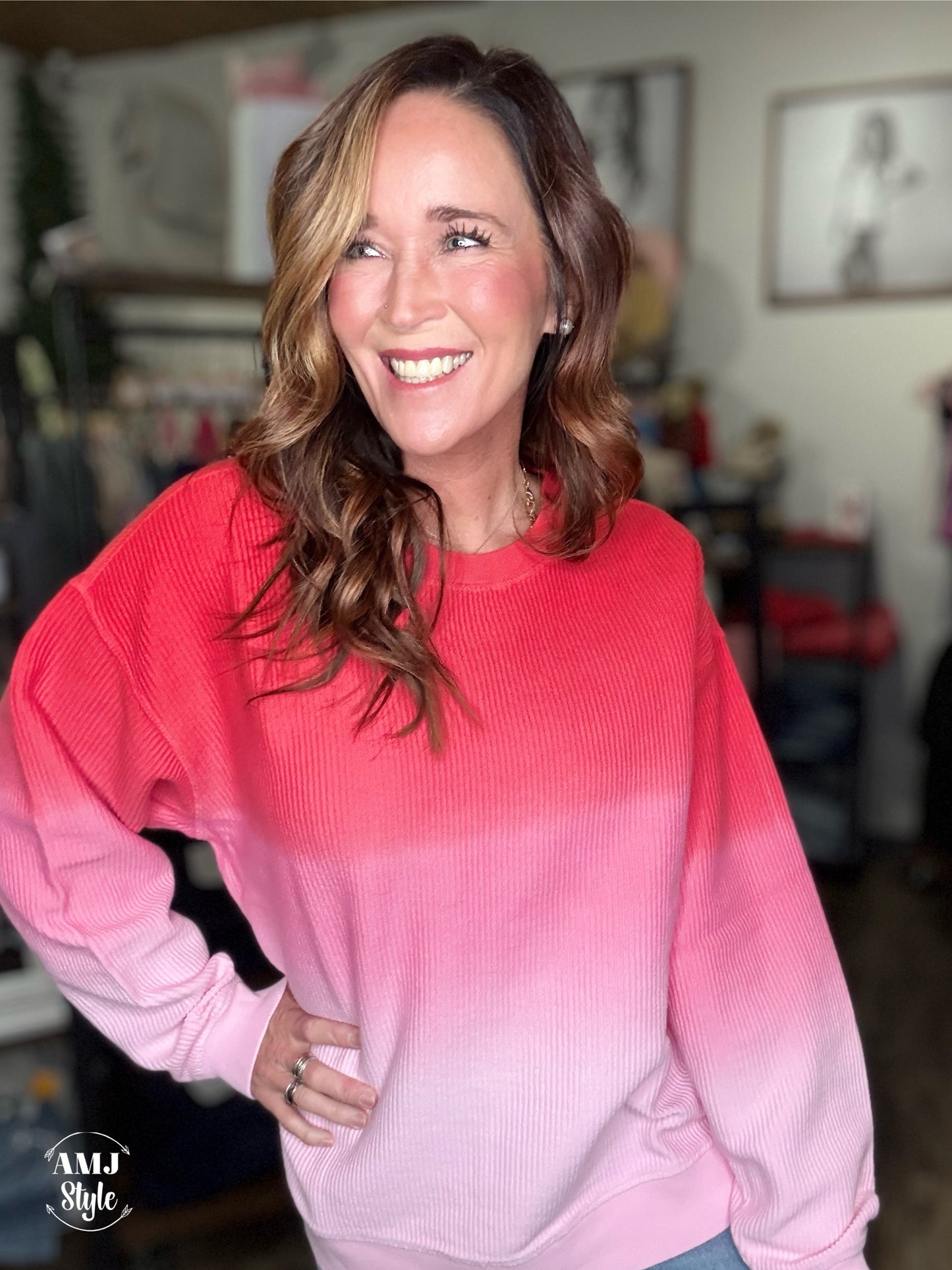 Luxe Ombre Corded Crew Sweatshirt - Red/Pink