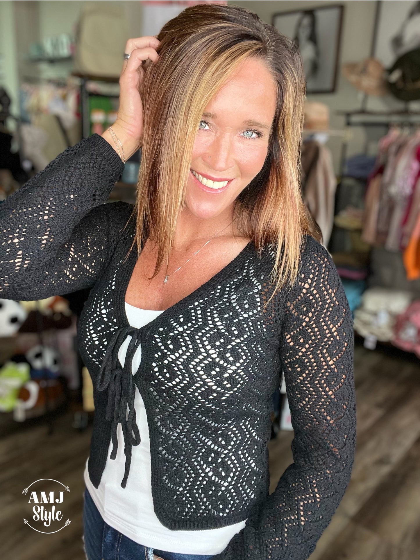 Black Crochet Front Tie Cardigan