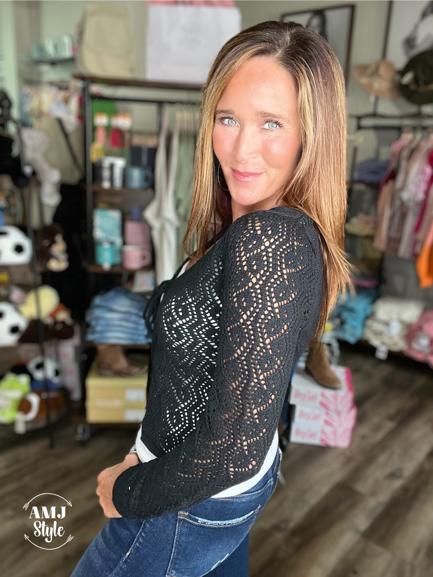 Black Crochet Front Tie Cardigan