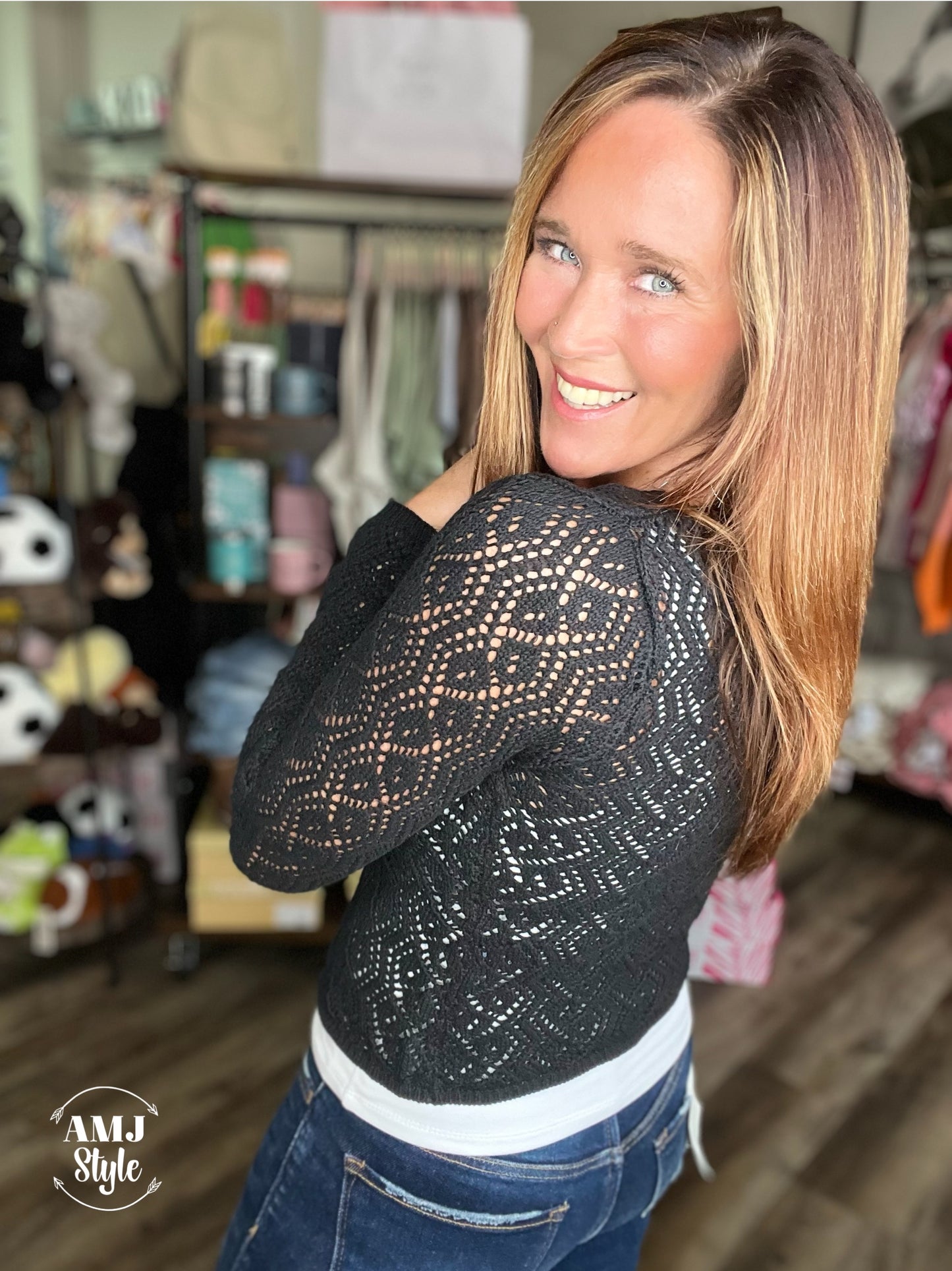 Black Crochet Front Tie Cardigan