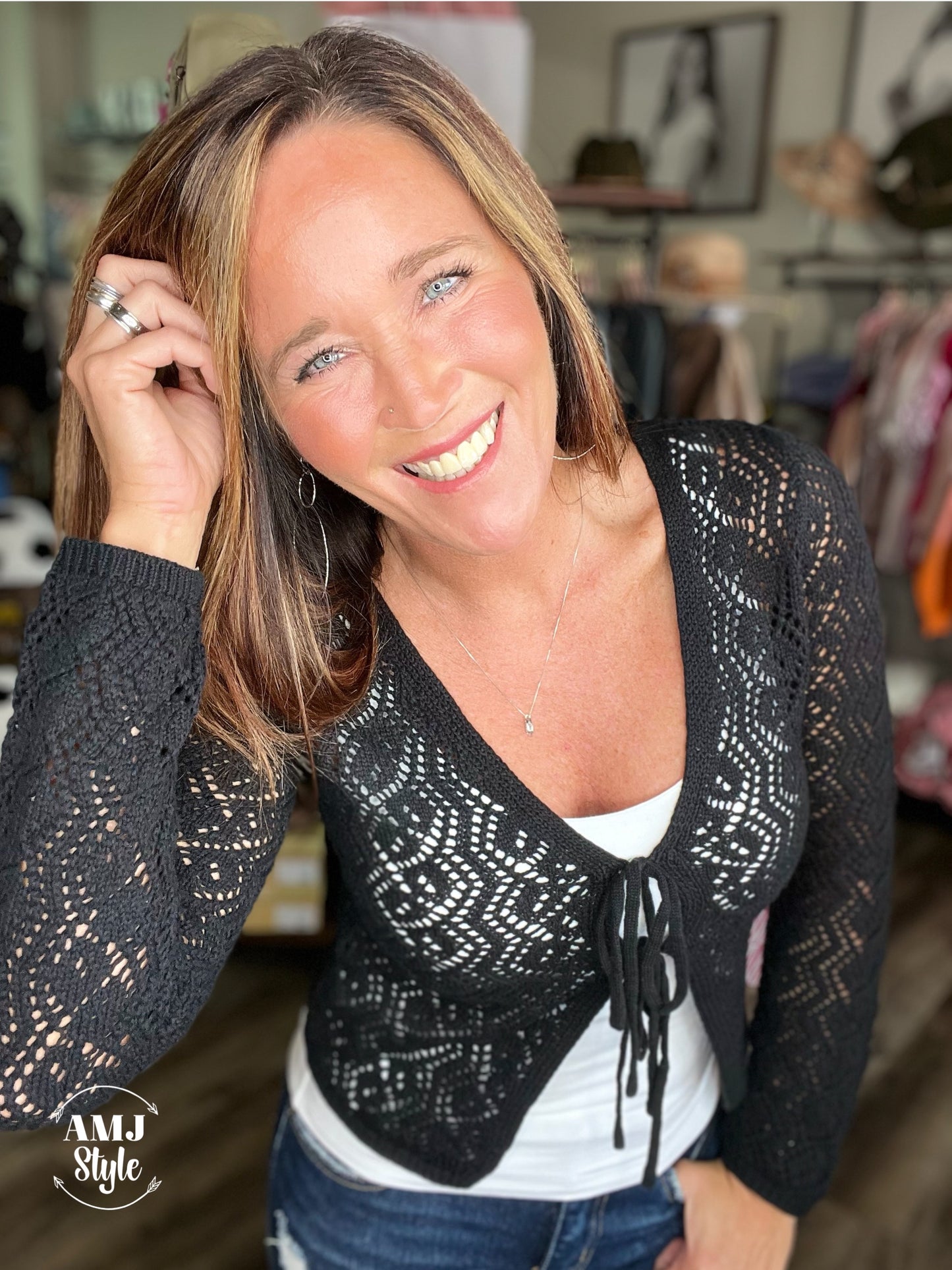 Black Crochet Front Tie Cardigan
