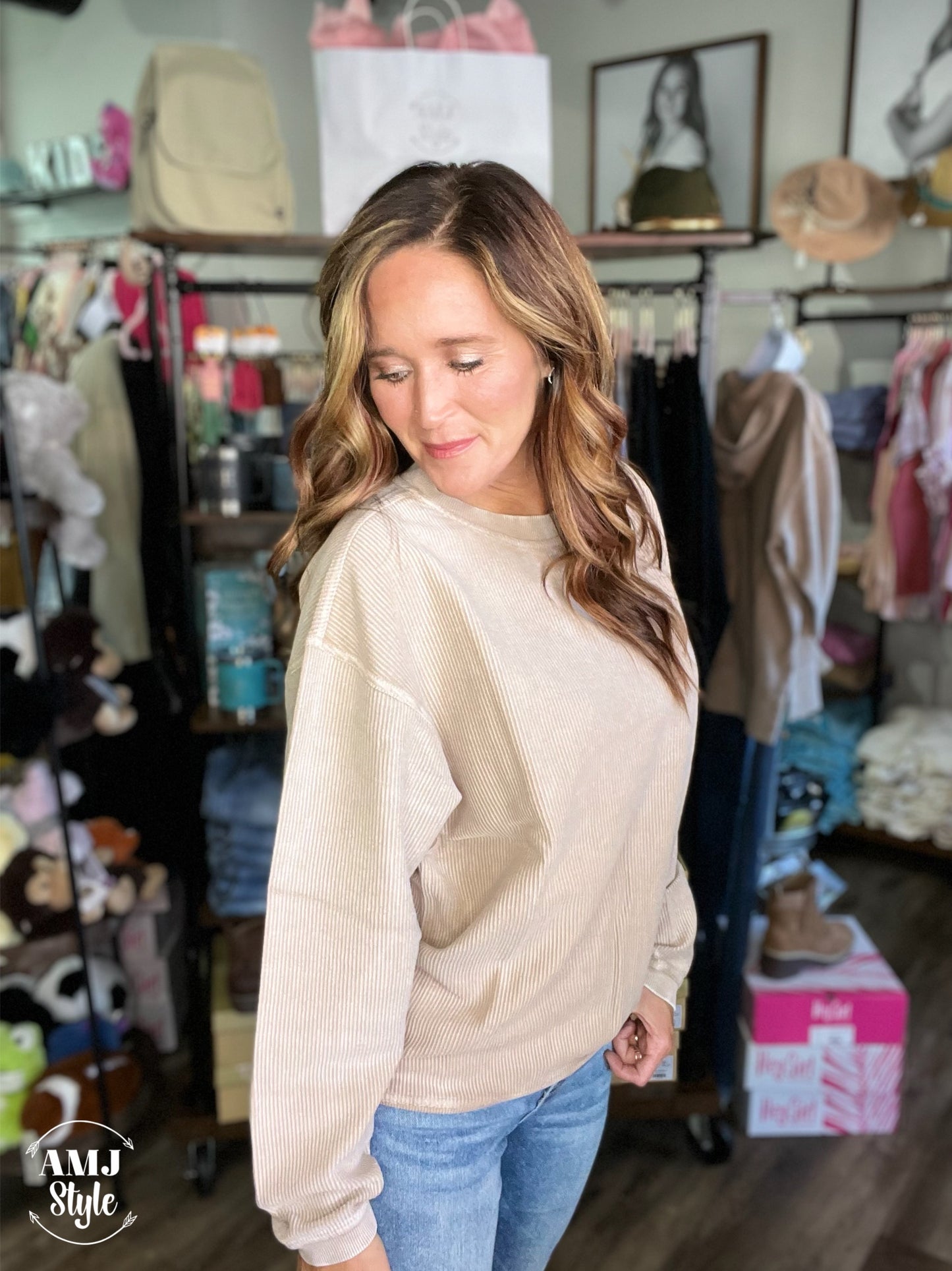 Luxe Corded Crew Sweatshirt - Light Mocha