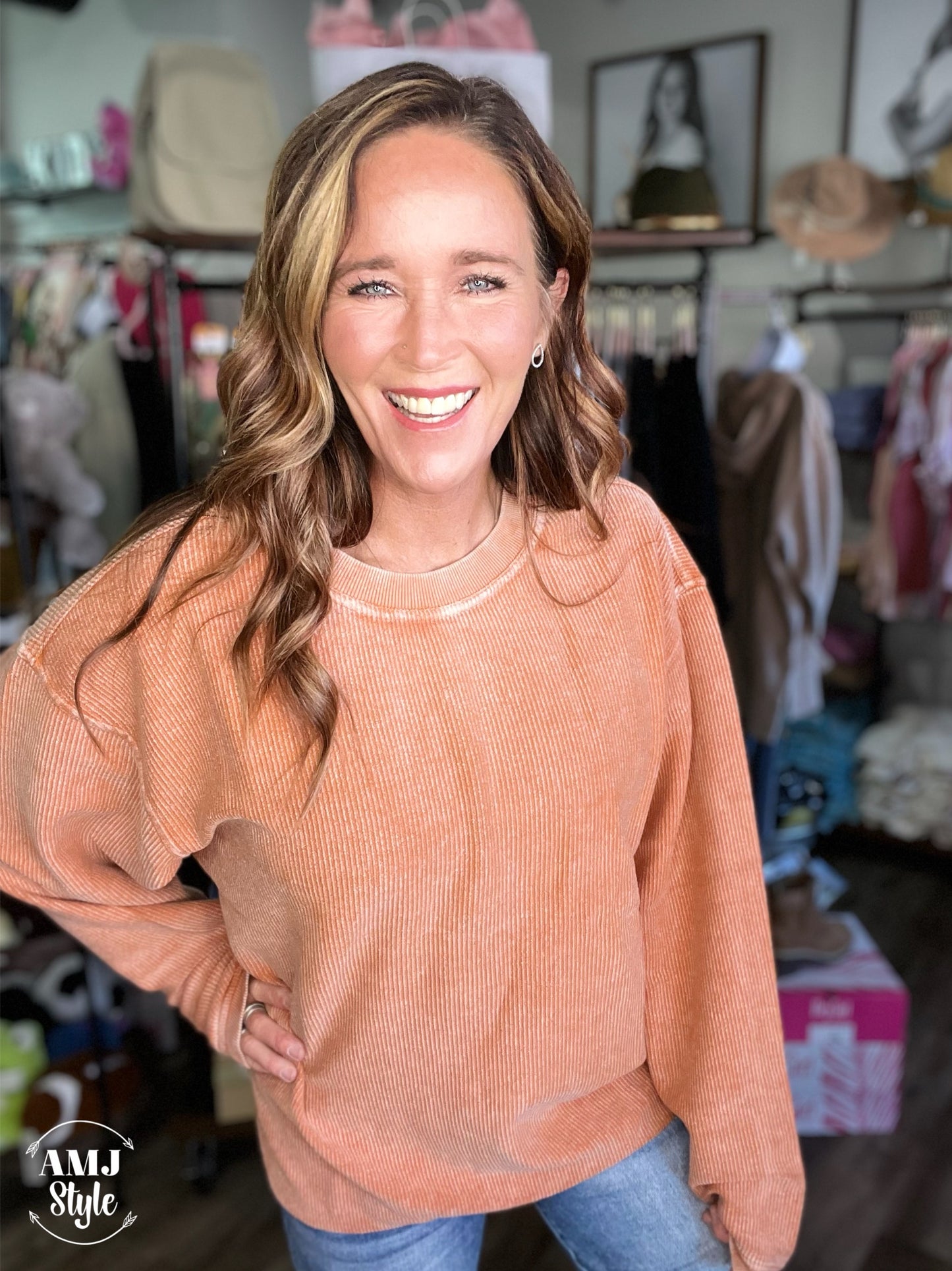 Luxe Corded Crew Sweatshirt - Burnt Orange