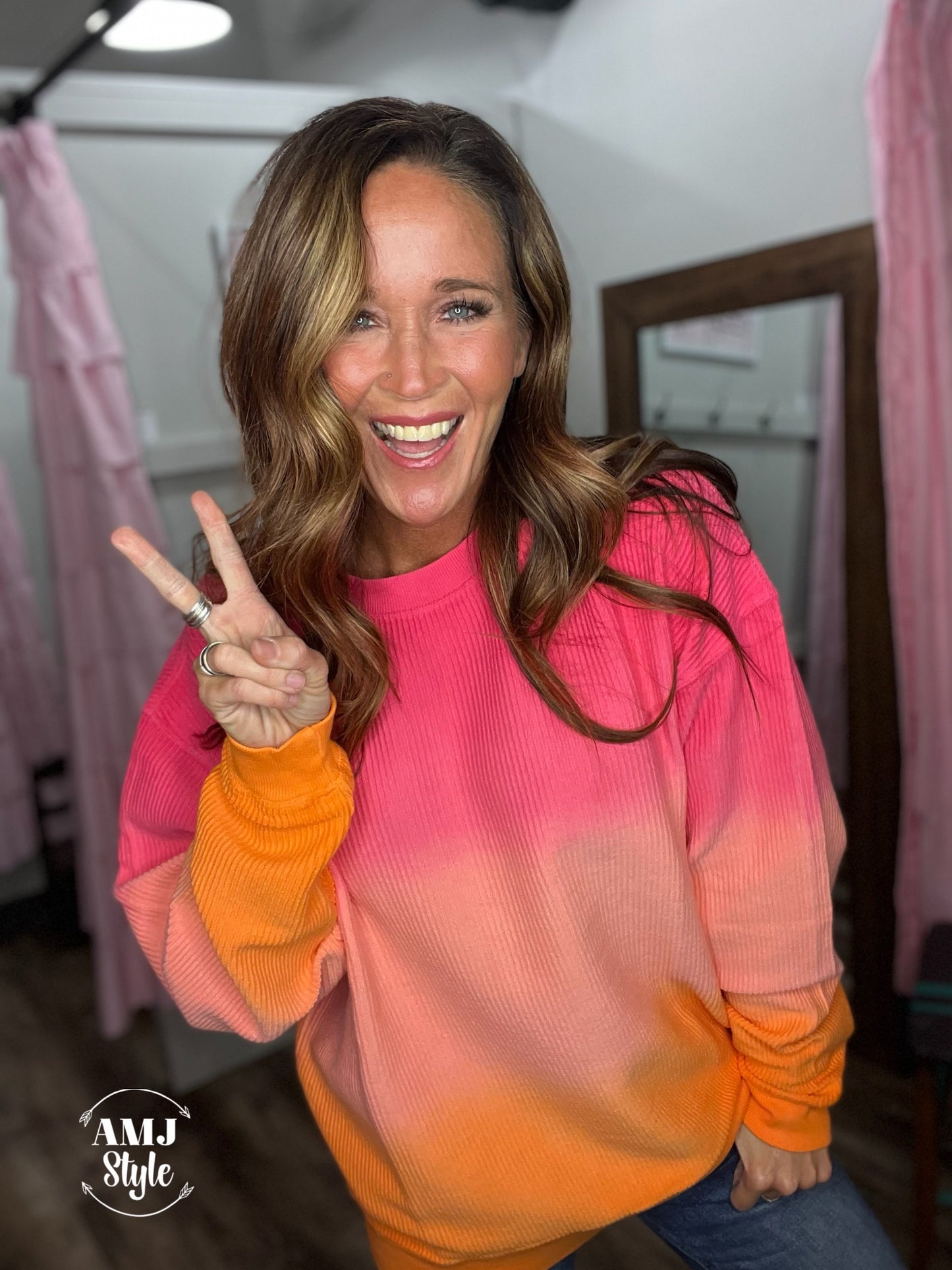 Luxe Ombre Corded Crew Sweatshirt - Pink/Orange