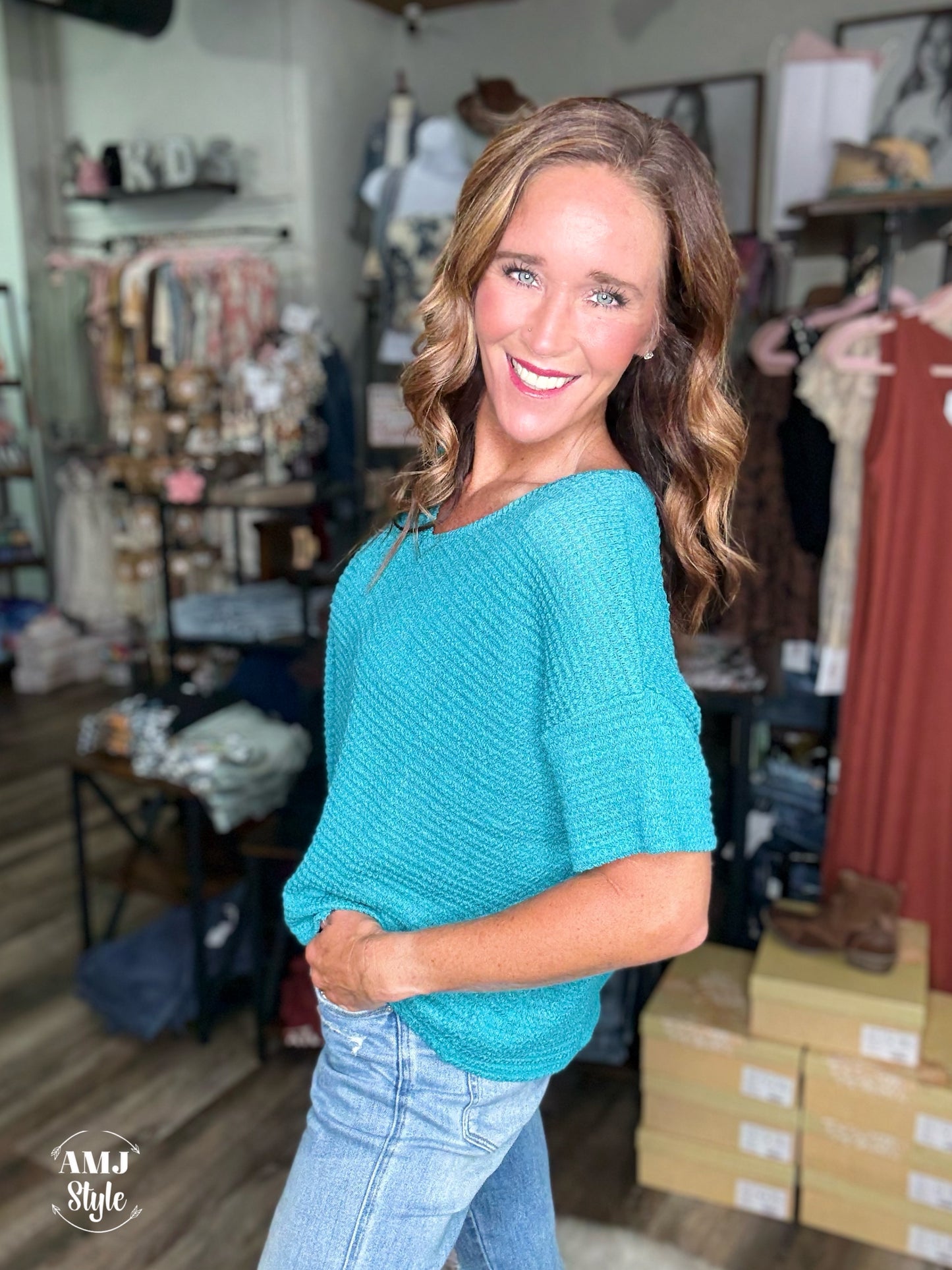 Drop Shoulder V Neck Top - Teal
