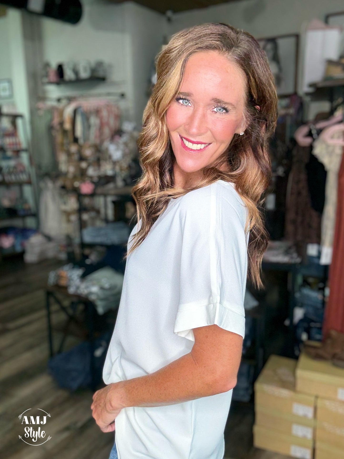 Woven Boat Neck Top