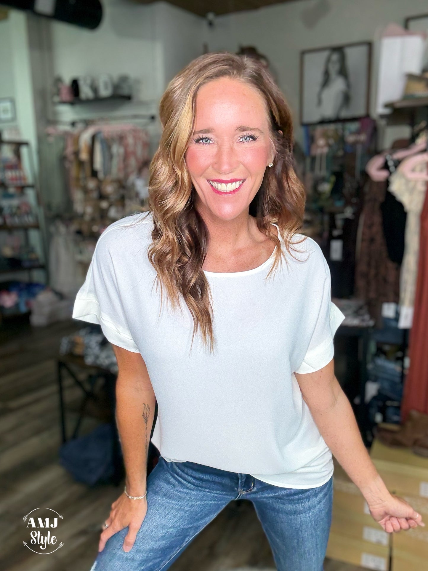 Woven Boat Neck Top